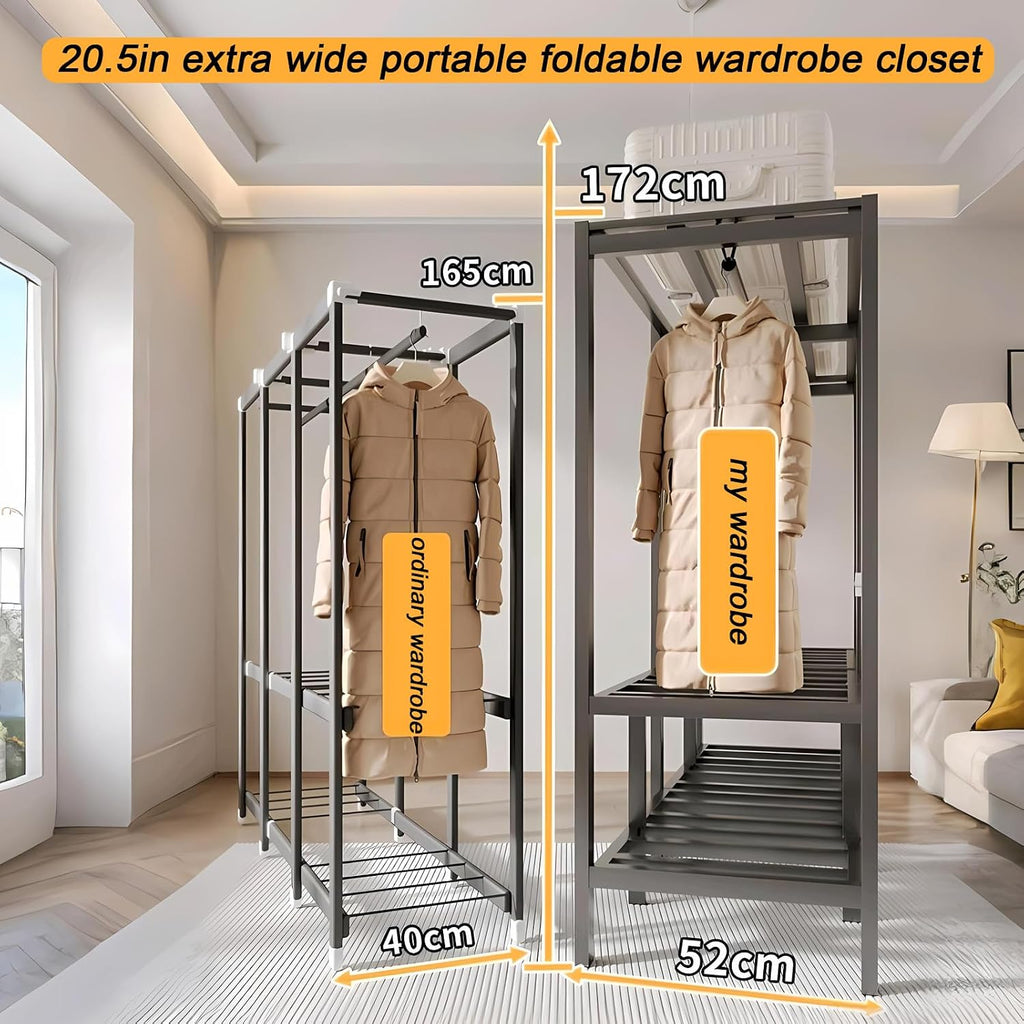 49.2in Portable Wardrobe Closet for Hanging Clothes Folding Heavy Duty Clothes Rack with Cover Large Covered Freestanding Foldable Closets Bedroom Armoire Storage Garment Racks (black, 49.2in/125cm)