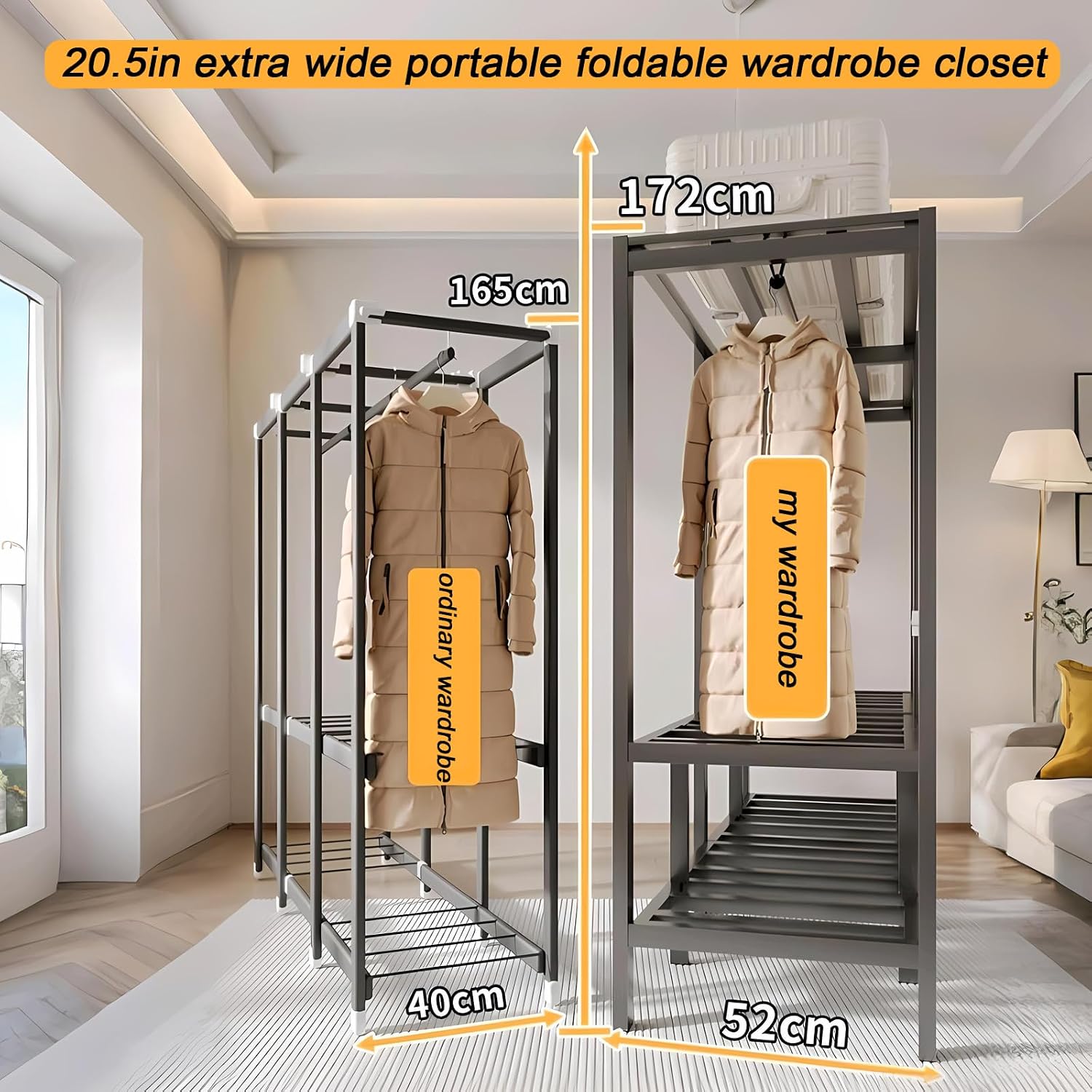 49.2in Portable Wardrobe Closet for Hanging Clothes Folding Heavy Duty Clothes Rack with Cover Large Covered Freestanding Foldable Closets Bedroom Armoire Storage Garment Racks (black, 49.2in/125cm)