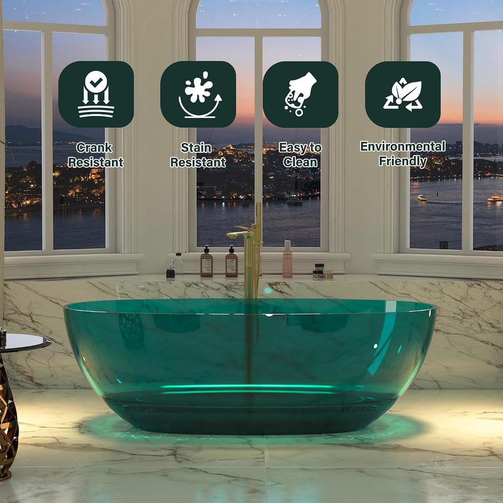 CASAINC 67' Soaking Tub Transparent Resin Freestanding Bathtub Modern Oval Design Stand Alone Tub with Pop-up Drain, 73.32 Gallons Water Storage Capacity and 415 MM Soaking Depth, Transparent Sea Blue