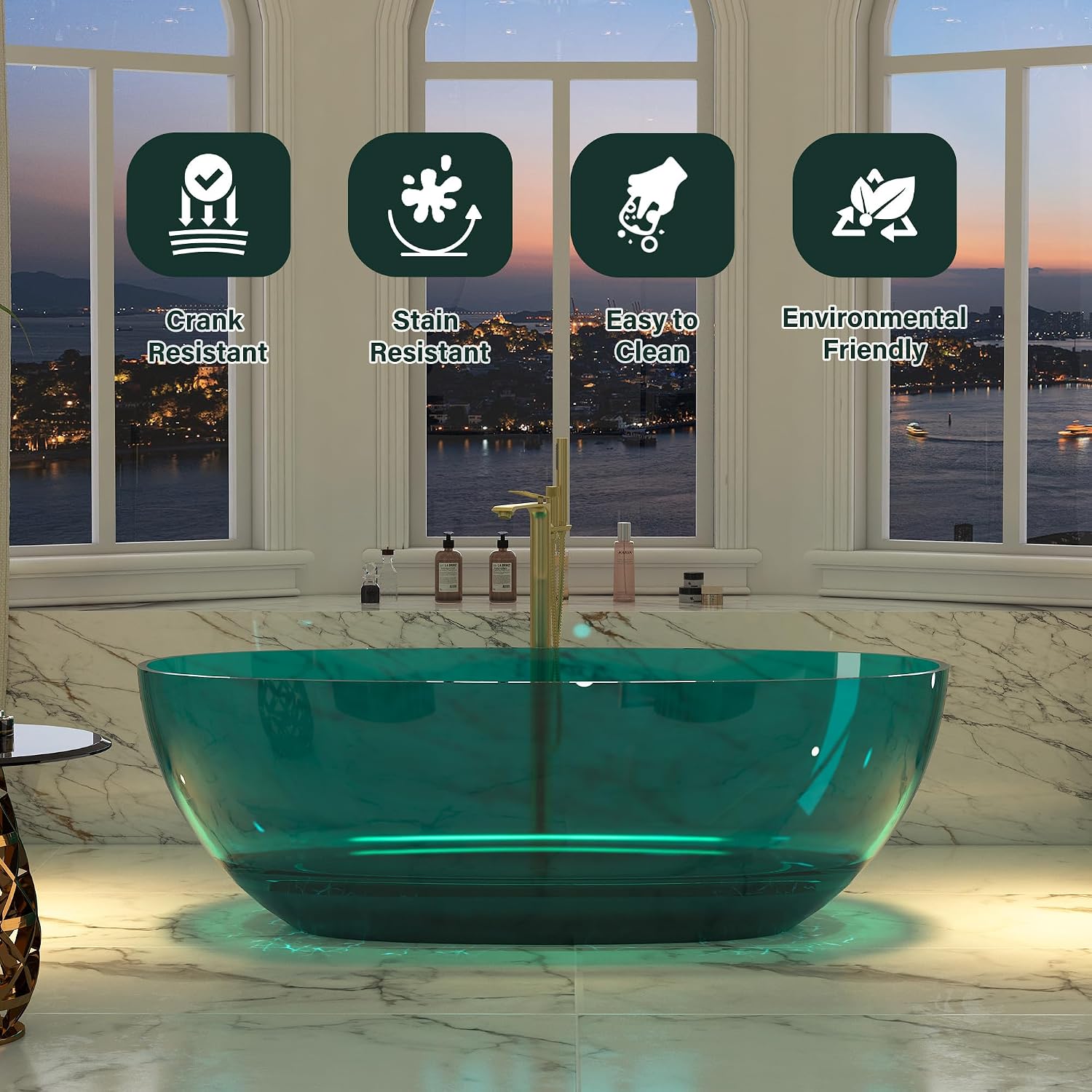 CASAINC 67' Soaking Tub Transparent Resin Freestanding Bathtub Modern Oval Design Stand Alone Tub with Pop-up Drain, 73.32 Gallons Water Storage Capacity and 415 MM Soaking Depth, Transparent Sea Blue
