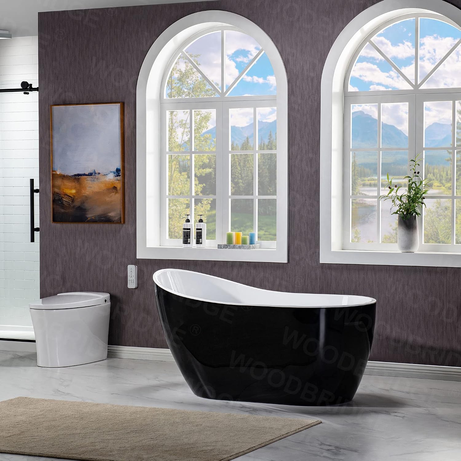 WOODBRIDGE 54' Freestanding White Acylic Soaking Bathtub with Matte Black Drain and Overflow,Black,B1807-MB
