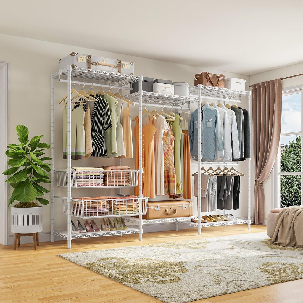 VIPEK V10 Wire Garment Rack 5-Tiers Heavy Duty Clothes Rack Large Size Clothing Rack with 4 Hanging Rods, 6 Wire Shelves and 2 Slid Baskets, 68.9' W x 15.7' D x 76.4' H, Max Load 920 LBS, White