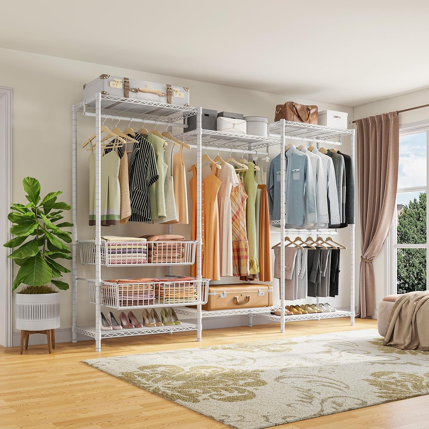 VIPEK V10 Wire Garment Rack 5-Tiers Heavy Duty Clothes Rack Large Size Clothing Rack with 4 Hanging Rods, 6 Wire Shelves and 2 Slid Baskets, 68.9' W x 15.7' D x 76.4' H, Max Load 920 LBS, White
