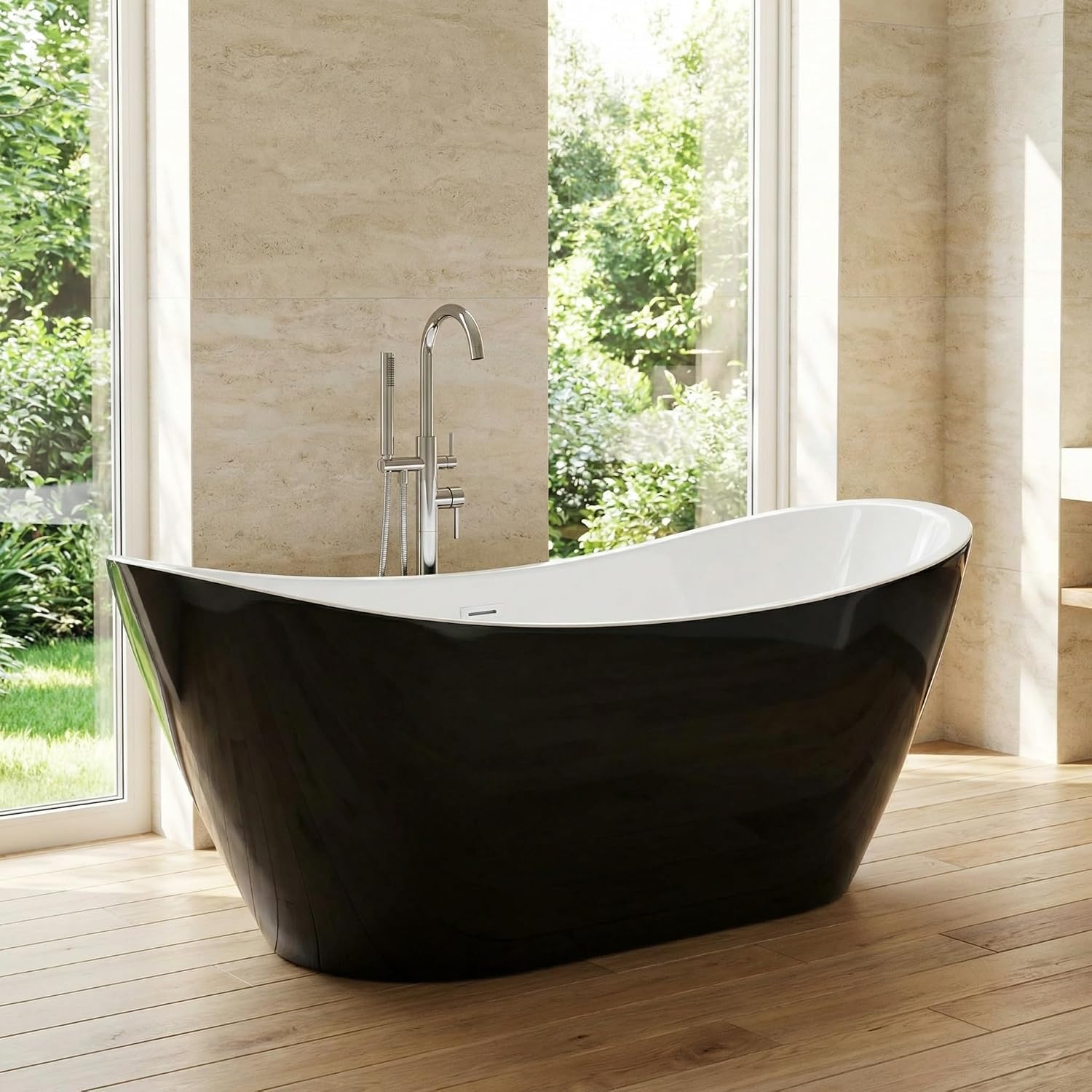GarveeLife 67 Inch Black Freestanding Bathtub, Deep Soaking Acrylic Tub, Modern Standalone Soaker with Polished Chrome Overflow and Pop-Up Drain, Matte Black Finish