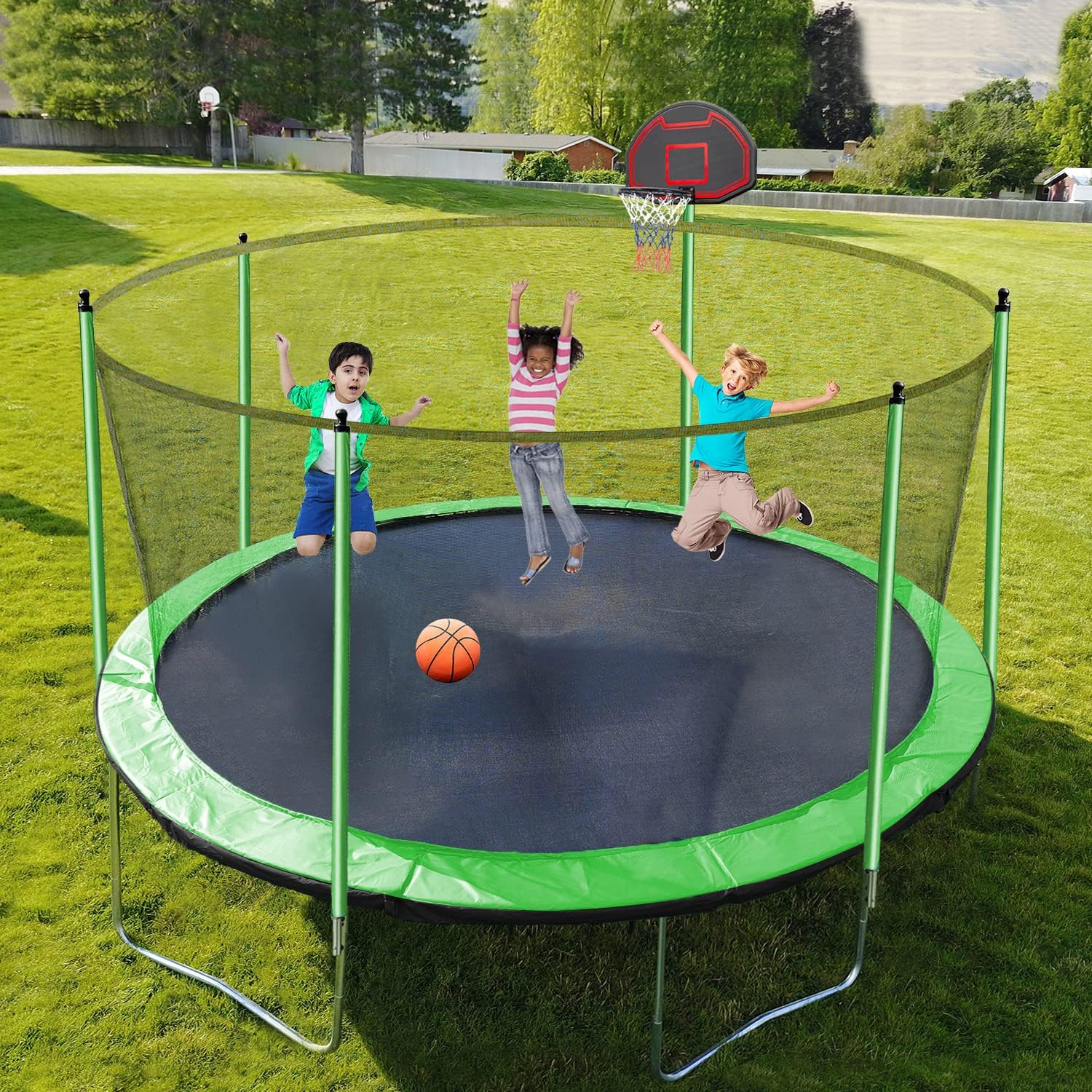 1500LBS 16FT 15FT 14FT 12 FT 10FT 8FT Tranpoline for Kids and Adults with Sprinkler, Lights with Music Speaker, Socks, Water Ball, Heavy Duty Outdoor Tranpoline with Net Enclosure and Ladder