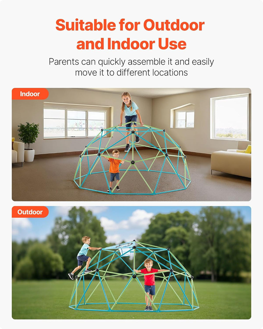 VEVOR Climbing Dome, 10FT Geometric Dome Climber for Kids, 1000LBS Loading Jungle Gym Playground with Octopus Net & 2 Basketballs, Easy-Assembly Outdoor Backyard Climbing Toys - Gift for Boys Girls