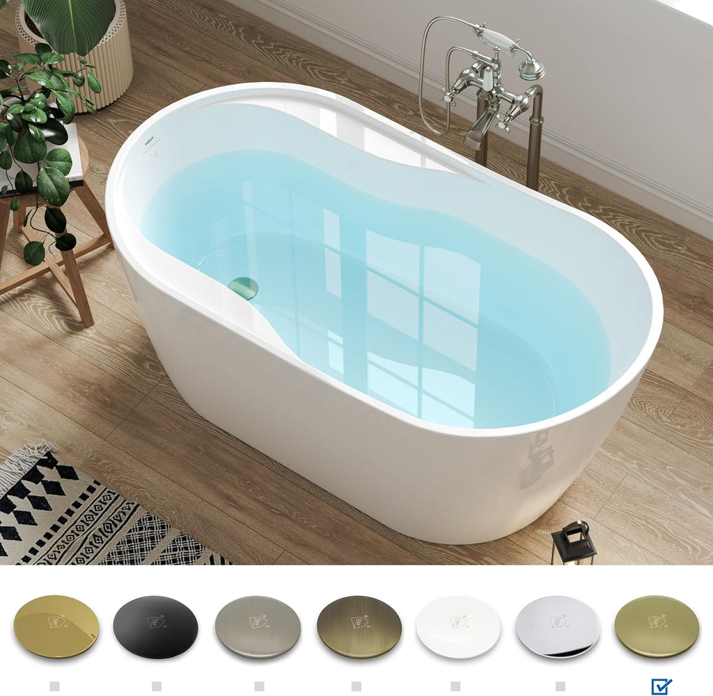 FerdY Lana'i 60' Freestanding Bathtub, Gracefully Shaped Freestanding Soaking tub, cUPC Certified, Brushed Gold Drain Assembly Included