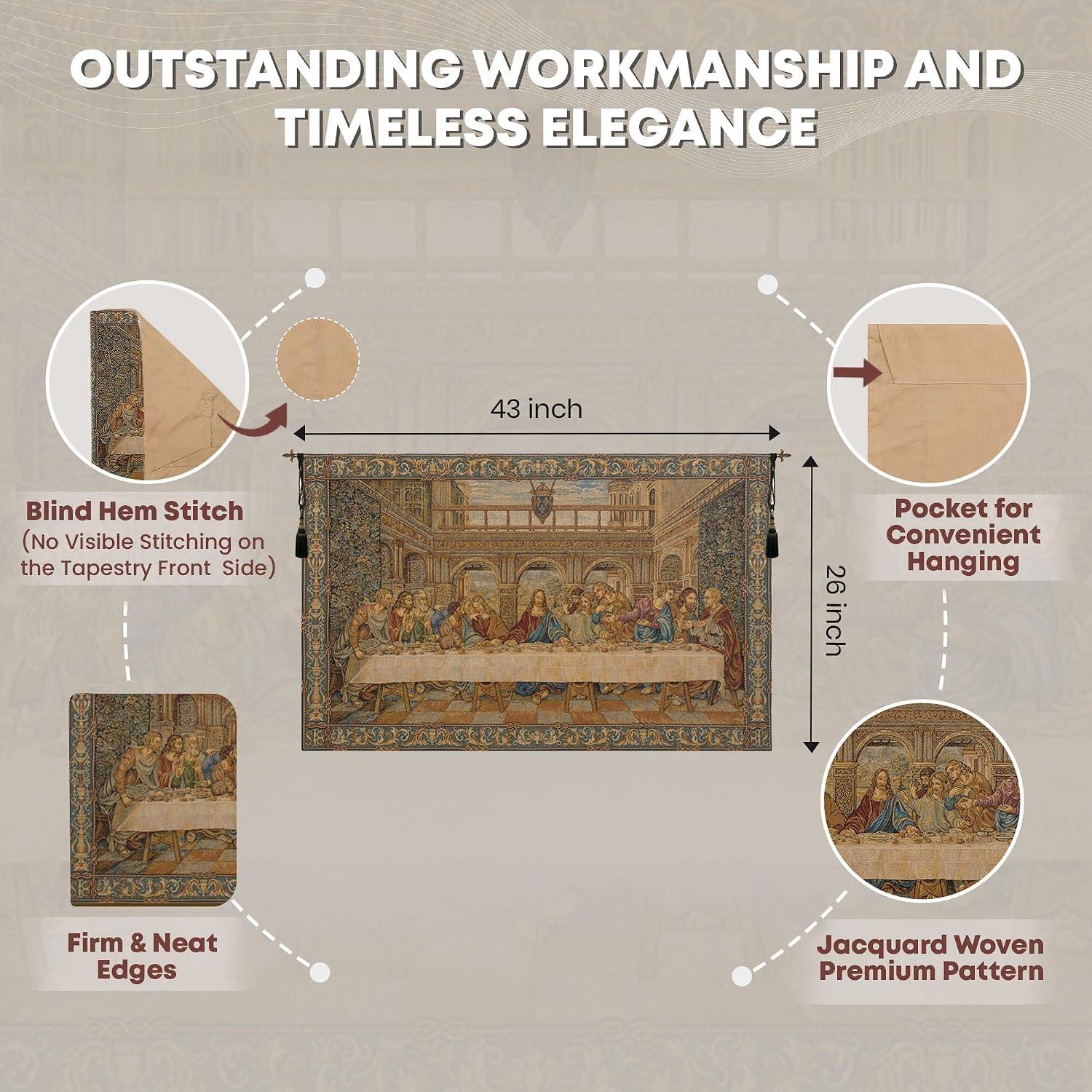 Charlotte Home Furnishings Inc. The Last Supper IV Italian Tapestry Wall Hanging 26 X 43 Inch Viscose Cotton And Polyester Boho Wall Art Perfect For Home Wall Decor By Leonardo da Vinci