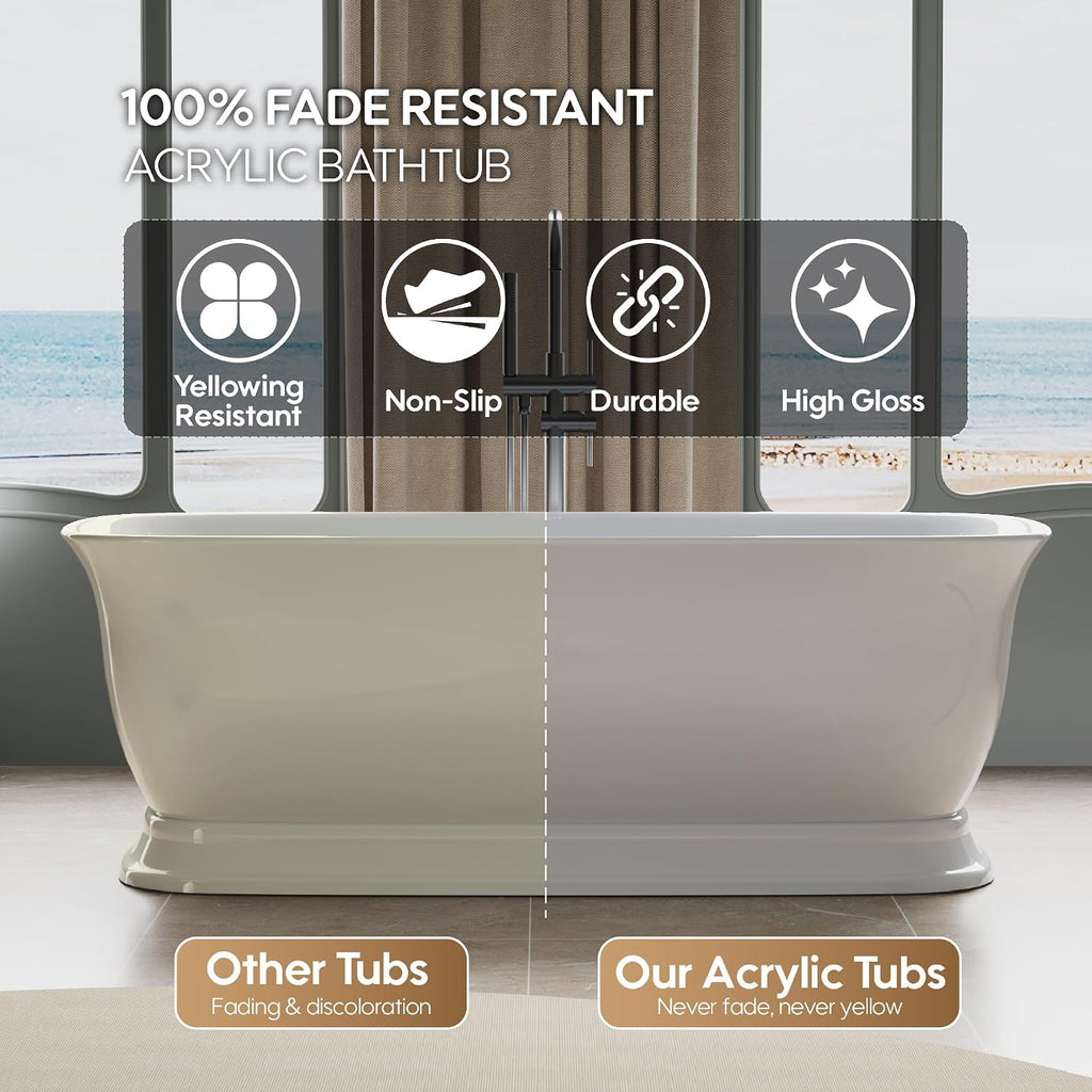 WELLFOR 67'Freestanding Acrylic Bathtub with Drain and Integrated Slotted Overflow, Glossy White 74 Gallons Capacity Soaking Bath Tub with Predrilled Overflow Holes, Soaking Bath Tub Oval Shape