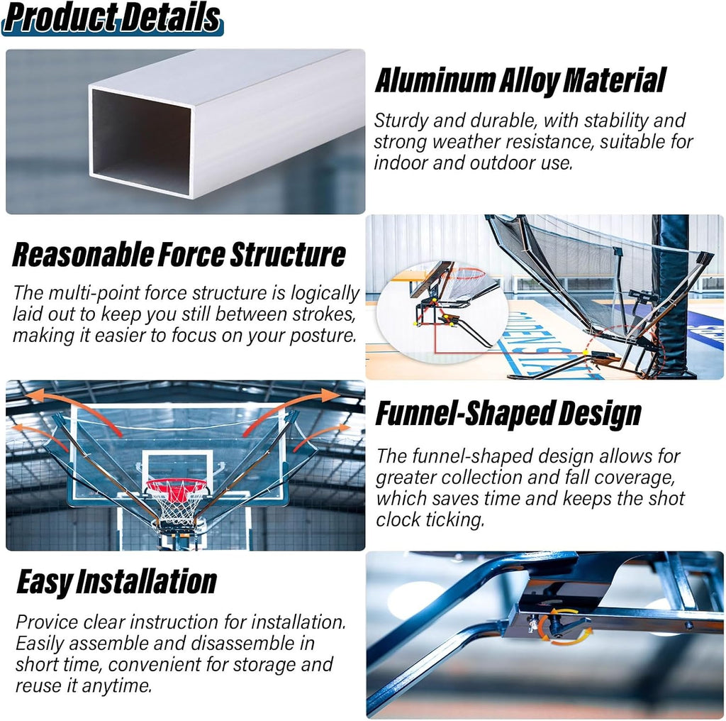Portable Basketball Net Catcher Ball Return, Basketball Rebounder Equipment with 180° Basketball Return Chute/Basketball Goal Trainer for Pole/Wall Mounted Hoops