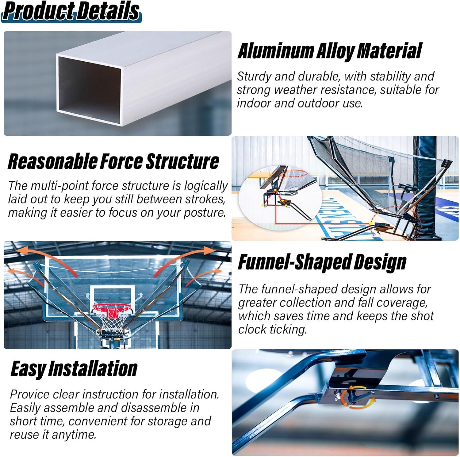 Portable Basketball Net Catcher Ball Return, Basketball Rebounder Equipment with 180° Basketball Return Chute/Basketball Goal Trainer for Pole/Wall Mounted Hoops