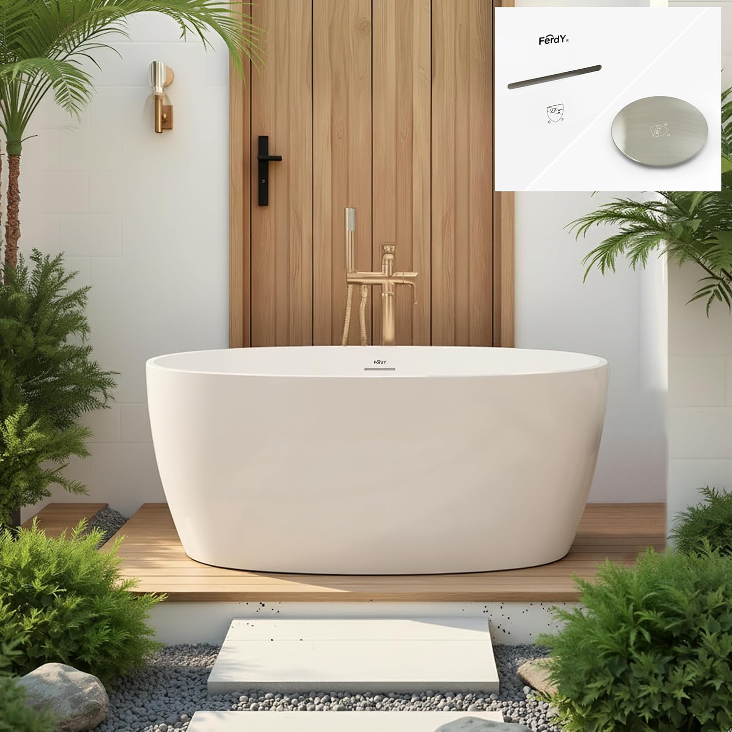 FerdY 55' Acrylic Freestanding Bathtub, Contemporary Soaking tub with Brushed Nickel Drain & Overflow, Elegant Oval Shape, cUPC Certified, Tahiti