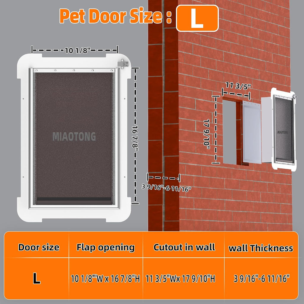 MIAOTONG 3-Flap Dog Door for Wall, Energy-Efficient Insulated Pet Door for Wall, Aluminum Lock Doggy Doors,Steel Frame and Telescoping Tunnel Dog Doors(Pets Up to 100 Lb) -Large
