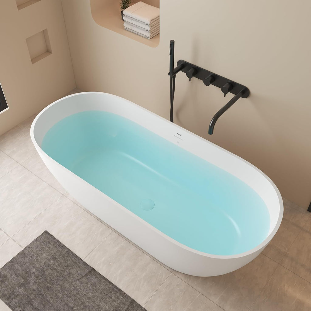 FerdY Fiji 69' Stone Resin Freestanding Bathtub, Classic Oval Shape Soaking Bathtub, Solid Surface Soaking Tub, cUPC Certified, Integrated Slotted Overflow and Matte White Pop-up Drain