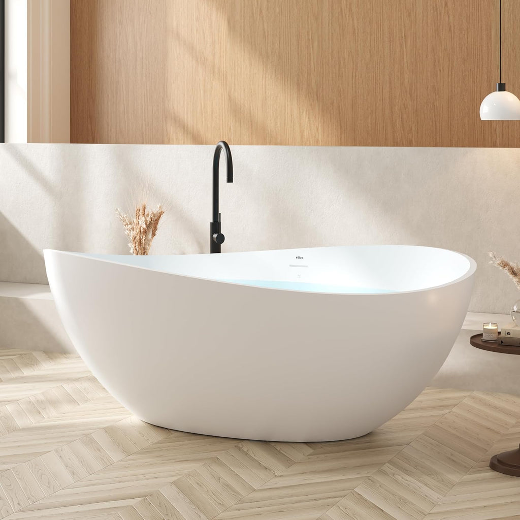 FerdY Lamu 63' Stone Resin Freestanding Bathtub, Gracefully Shaped Freestanding Bathtub, Solid Surface Soaking Tub, Matte White, cUPC Certified, Pop-up Drain and Integrated Slotted Overflow
