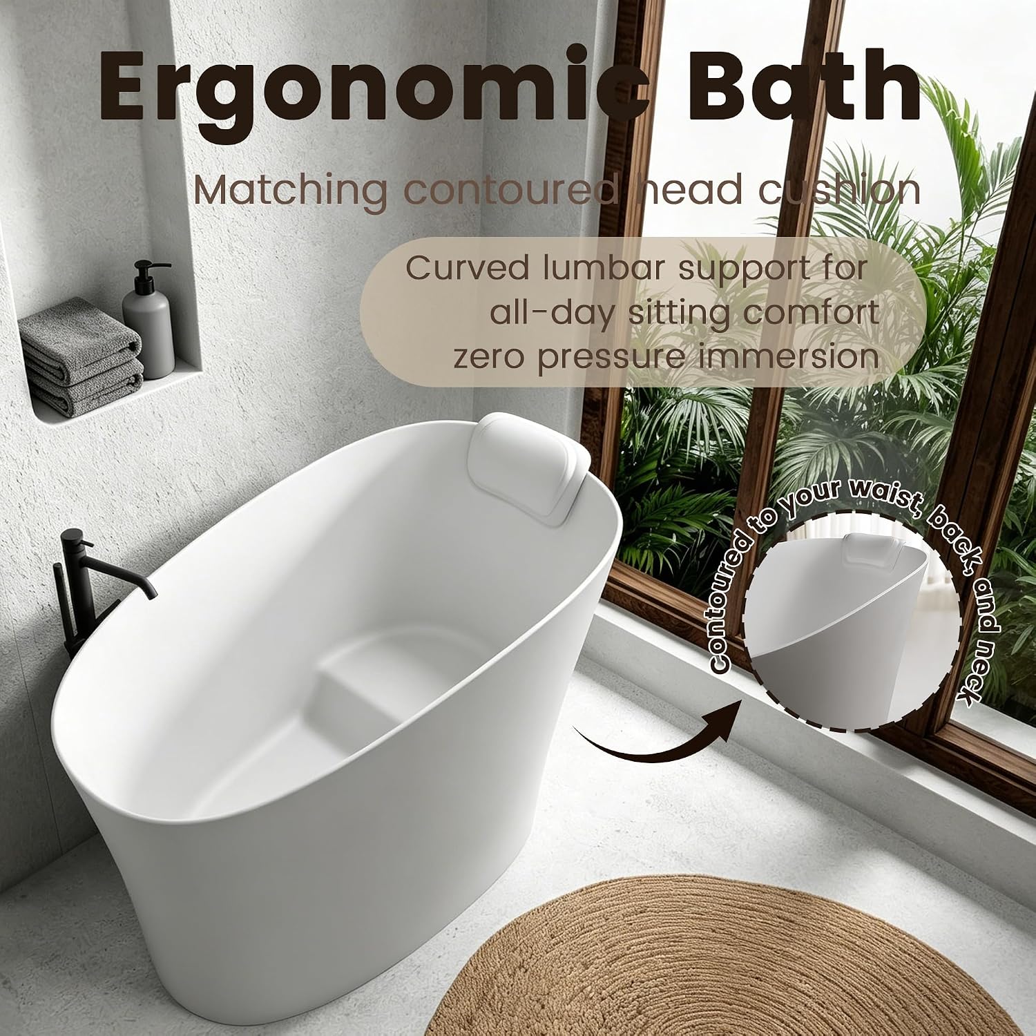 51'Freestanding Thermostatic Bathtub, Solid Surface Japanese Soaking Tub with Integrated Seat Cushion and Headrest, Includes Overflow and Drain Assembly, Oval White (White-51')