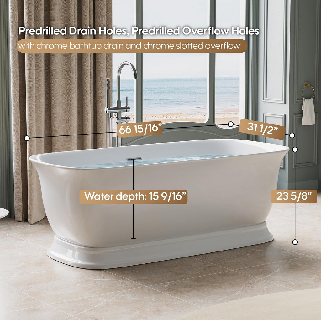 WELLFOR 67'Freestanding Acrylic Bathtub with Drain and Integrated Slotted Overflow, Glossy White 74 Gallons Capacity Soaking Bath Tub with Predrilled Overflow Holes, Soaking Bath Tub Oval Shape