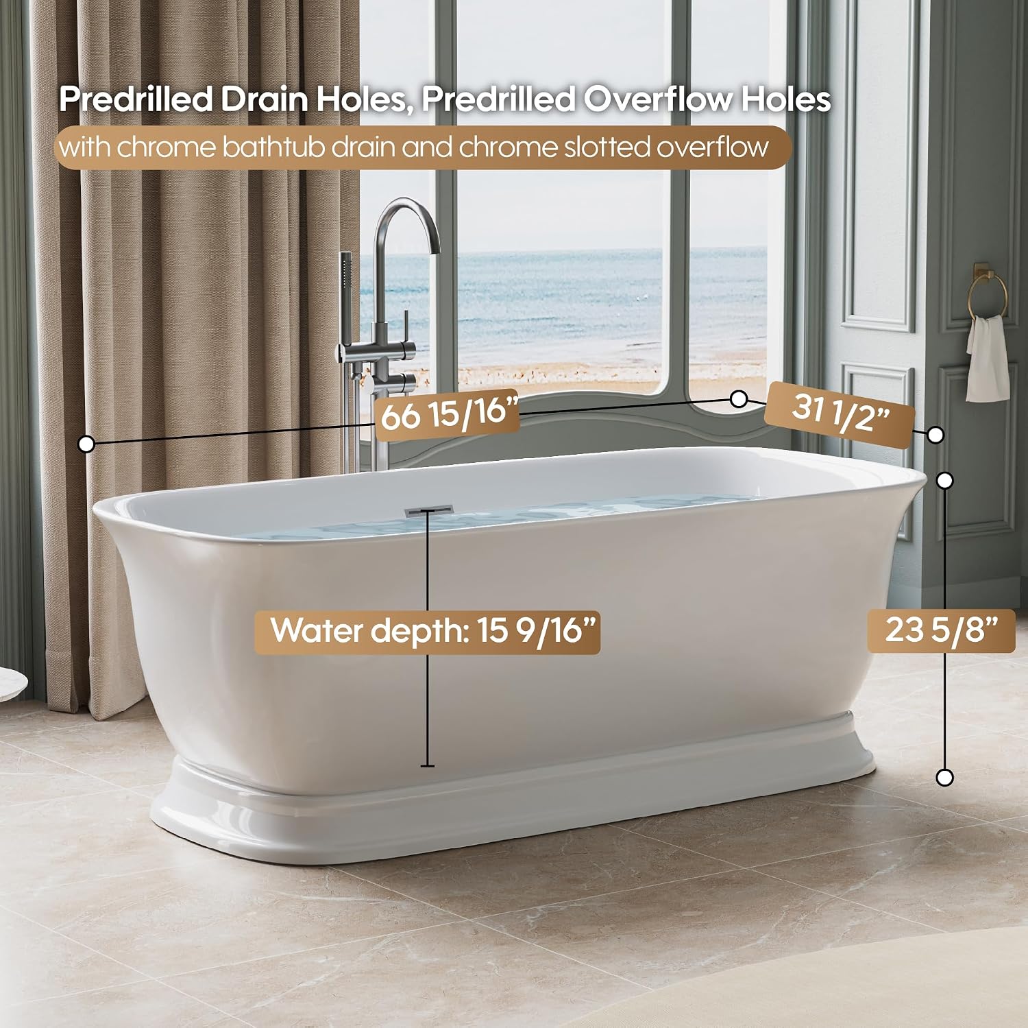 WELLFOR 67'Freestanding Acrylic Bathtub with Drain and Integrated Slotted Overflow, Glossy White 74 Gallons Capacity Soaking Bath Tub with Predrilled Overflow Holes, Soaking Bath Tub Oval Shape