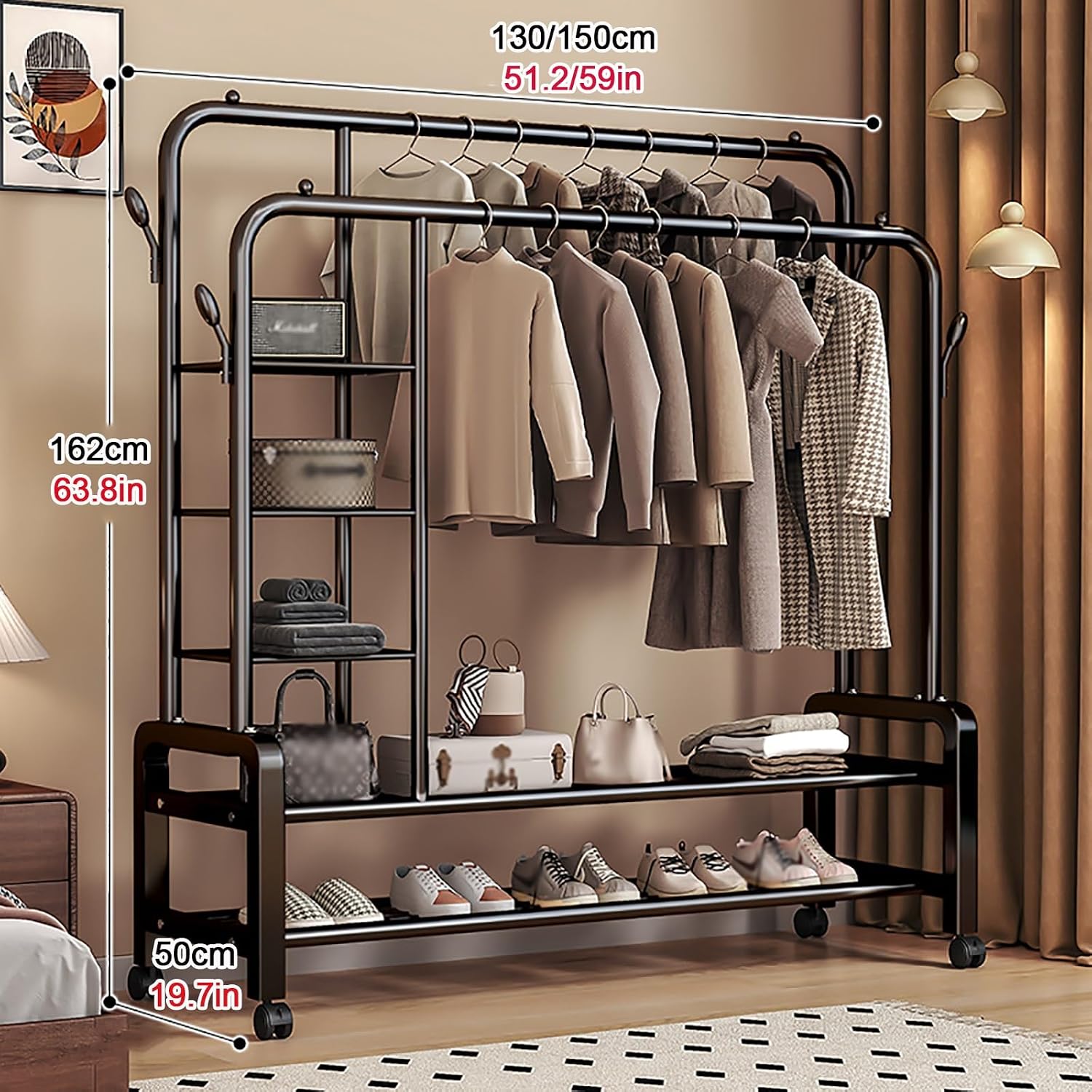 Metal Clothes Rack,Rolling Clothing Racks,Garment Rack With Storage Shelves And Coat/Hat Hooks,Freestanding Clothing Organizer For Bedroom Living Room(150cm/59in)