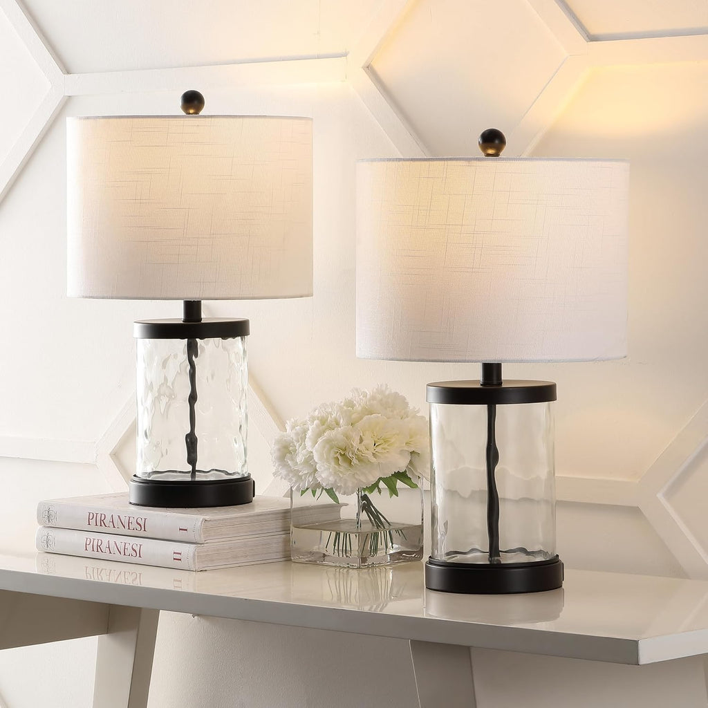 JONATHAN Y 21' Black Modern Industrial Water Glass Table Lamp Set of 2 with USB Charging Port, Iron Bedside Lamp for Bedroom Living Room, White Shade, LED Bulbs Included JYL4058A-SET2