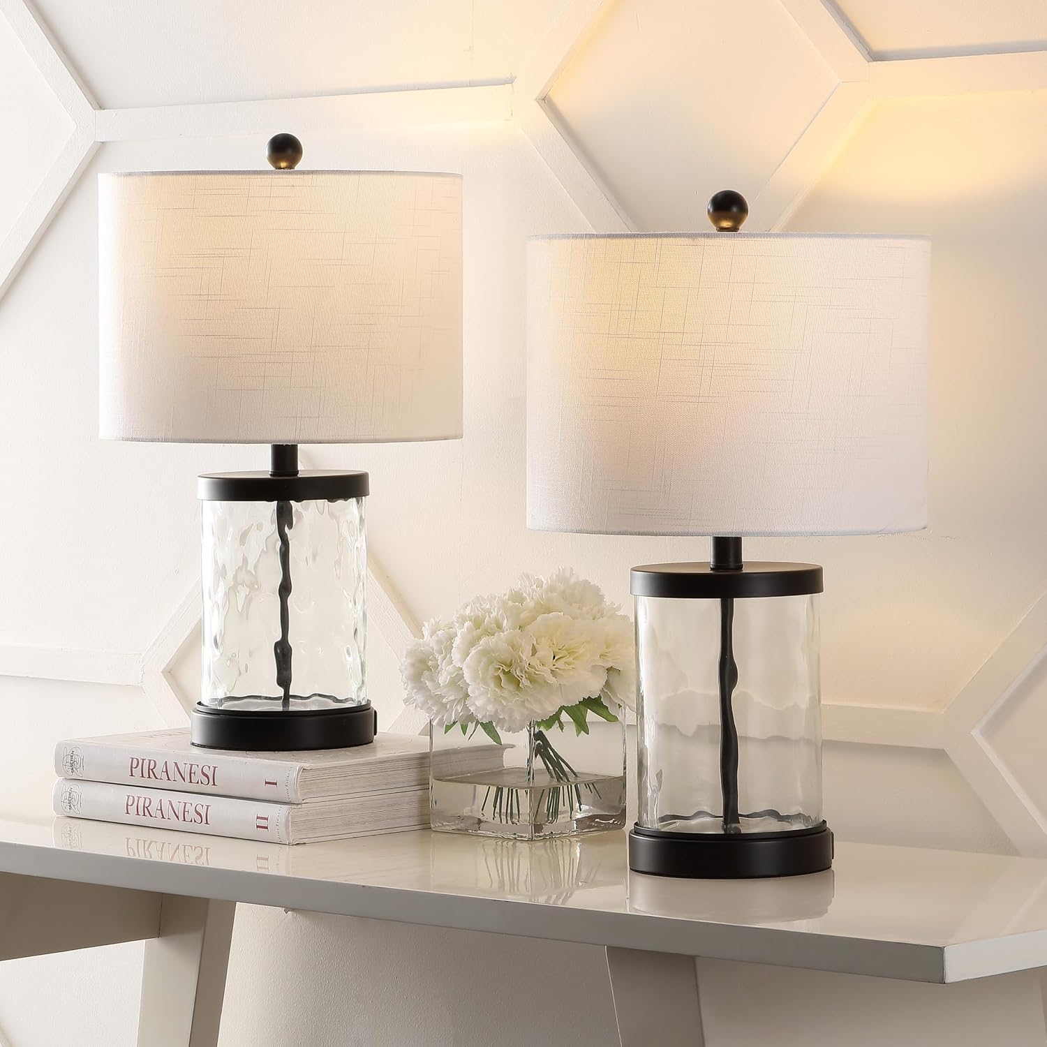 JONATHAN Y 21' Black Modern Industrial Water Glass Table Lamp Set of 2 with USB Charging Port, Iron Bedside Lamp for Bedroom Living Room, White Shade, LED Bulbs Included JYL4058A-SET2