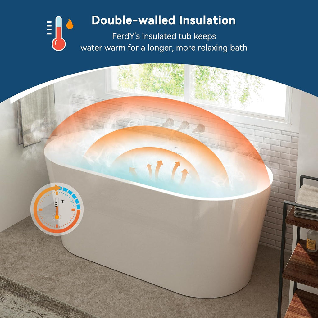 FerdY Luzon 55' Acrylic Freestanding Bathtub with Headrest, Ergonomic Lightweight Classic Oval Soaking Bathtub with Brushed Nickel Drain, Minimalist Linear Design Overflow& Bathtub Pillow