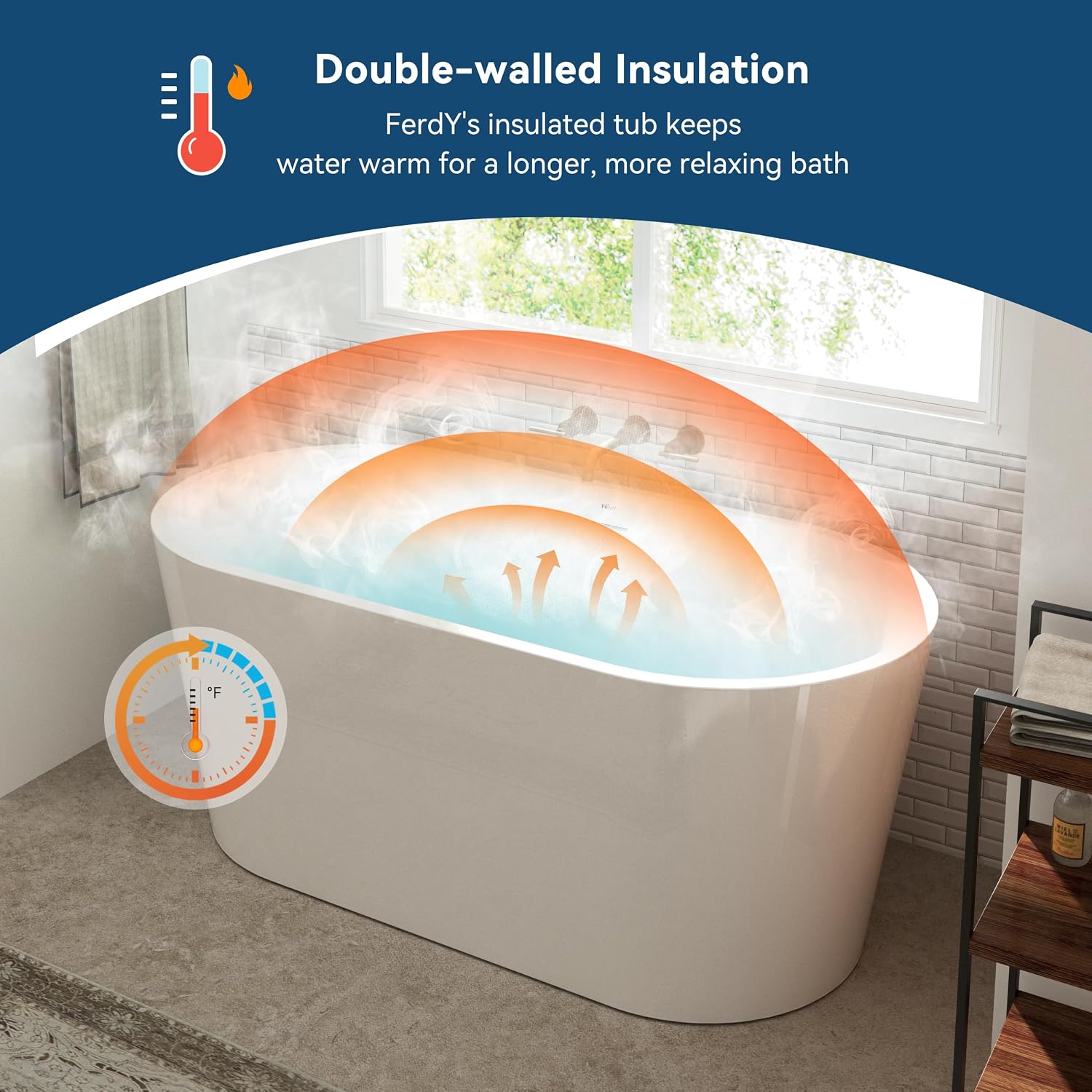 FerdY Luzon 55' Acrylic Freestanding Bathtub with Headrest, Ergonomic Lightweight Classic Oval Soaking Bathtub with Brushed Nickel Drain, Minimalist Linear Design Overflow& Bathtub Pillow