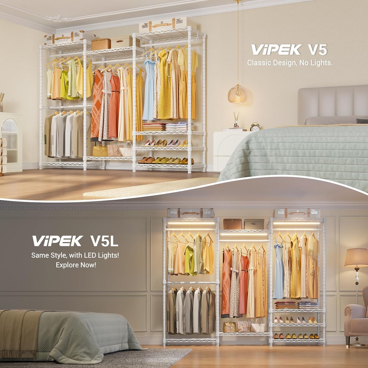 VIPEK V5 Portable Closet Wardrobe Heavy Duty Clothes Rack, Freestanding Clothing Racks with 4 Hang Rods & 8 Shelves, Adjustable Custom Closet Racks, 68.9' L x 15.7' W x 76.4' H, Max Load 890LBS, White