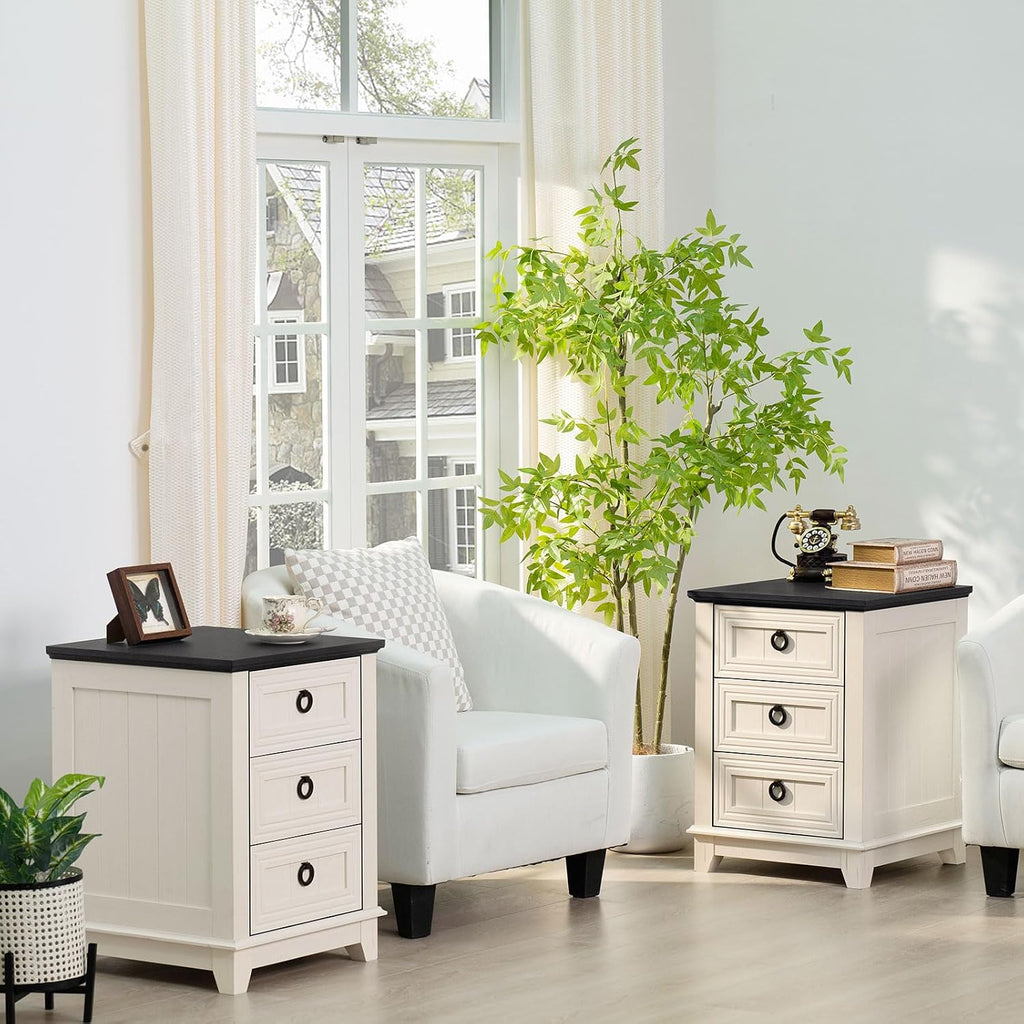 Joaxswe Farmhouse Night Stand Set of 2, 18' End Table with 3 Drawer Metal Handle, Dresser for Bedroom, Sofa Bed Side Table Chest of Drawers,Wood Nightstand Cabinet for Organizer, Living Room-White