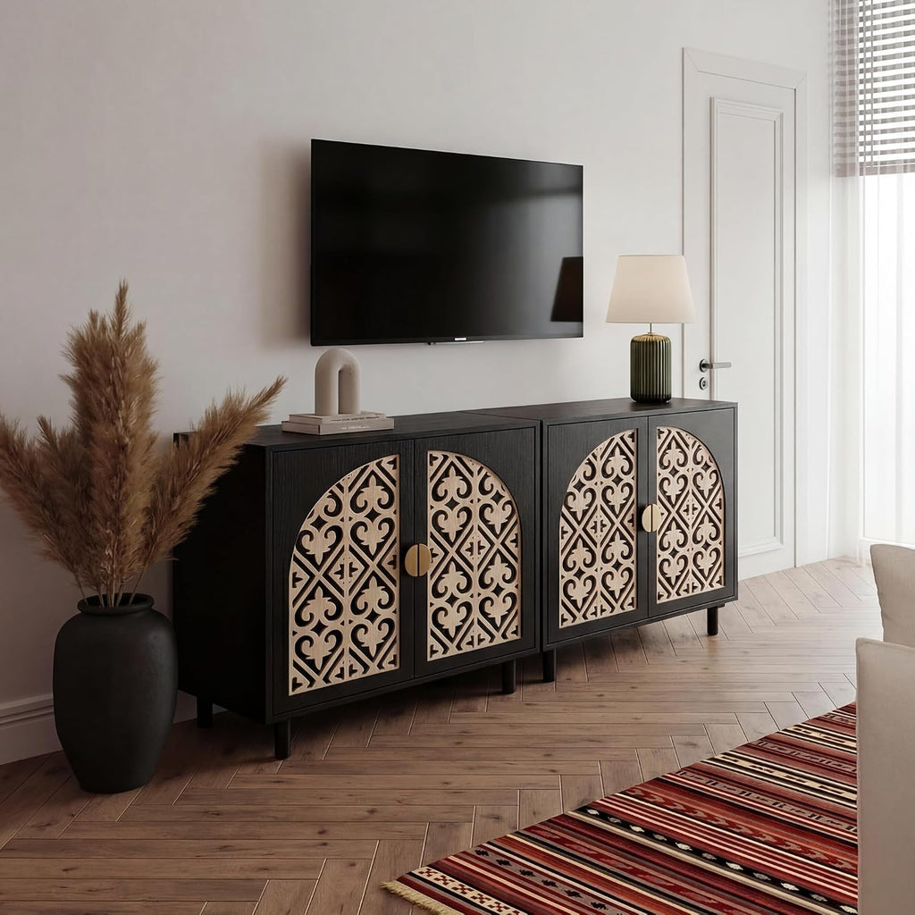 Decorative Storage Cabinet Sideboard with Hollow Carved Panels, 4 Doors Storage Sideboard Cabinet with Adjustable Shelves. [Black, 2pcs]