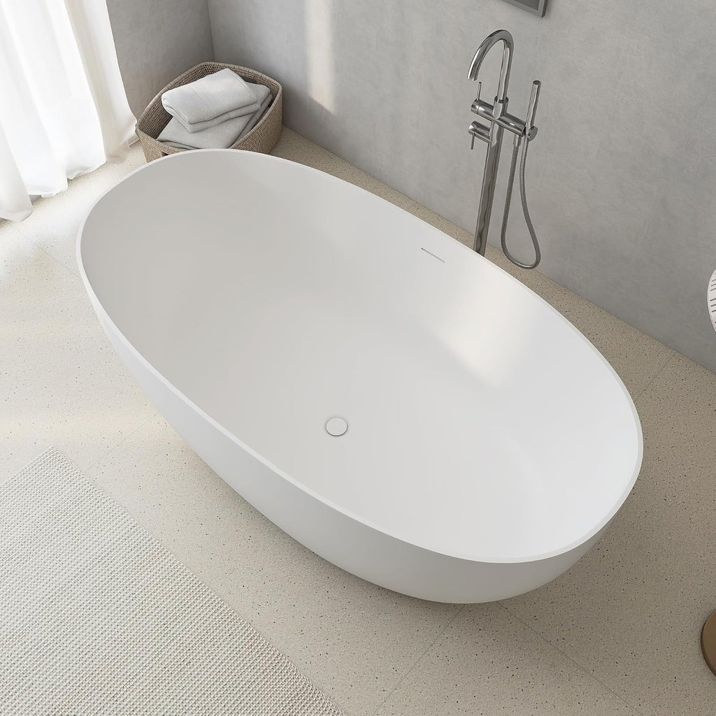 59'' Stone Resin Freestanding Bathtub, Bathroom Solid Surface Soaking Tub, Soaker Tubs Oval Shaped, Matte Luxury Modern Soaking Bathtubs with Overflow and Pop-up Drain - White