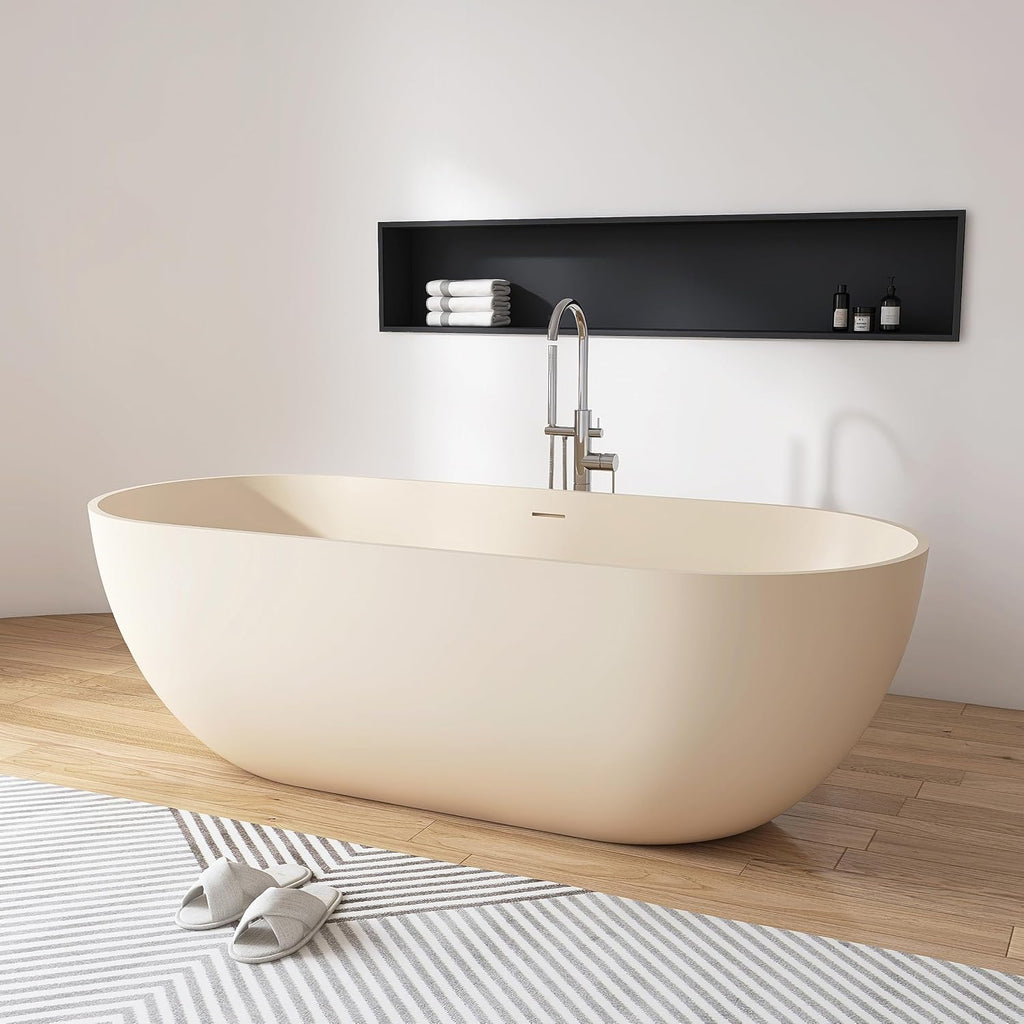 69' Freestanding Solid Surface Bathtub, Matte Cream Beige | Resin Stone, Modern Design Stand Alone Tub with Drain, Colorful Free Stand Tub