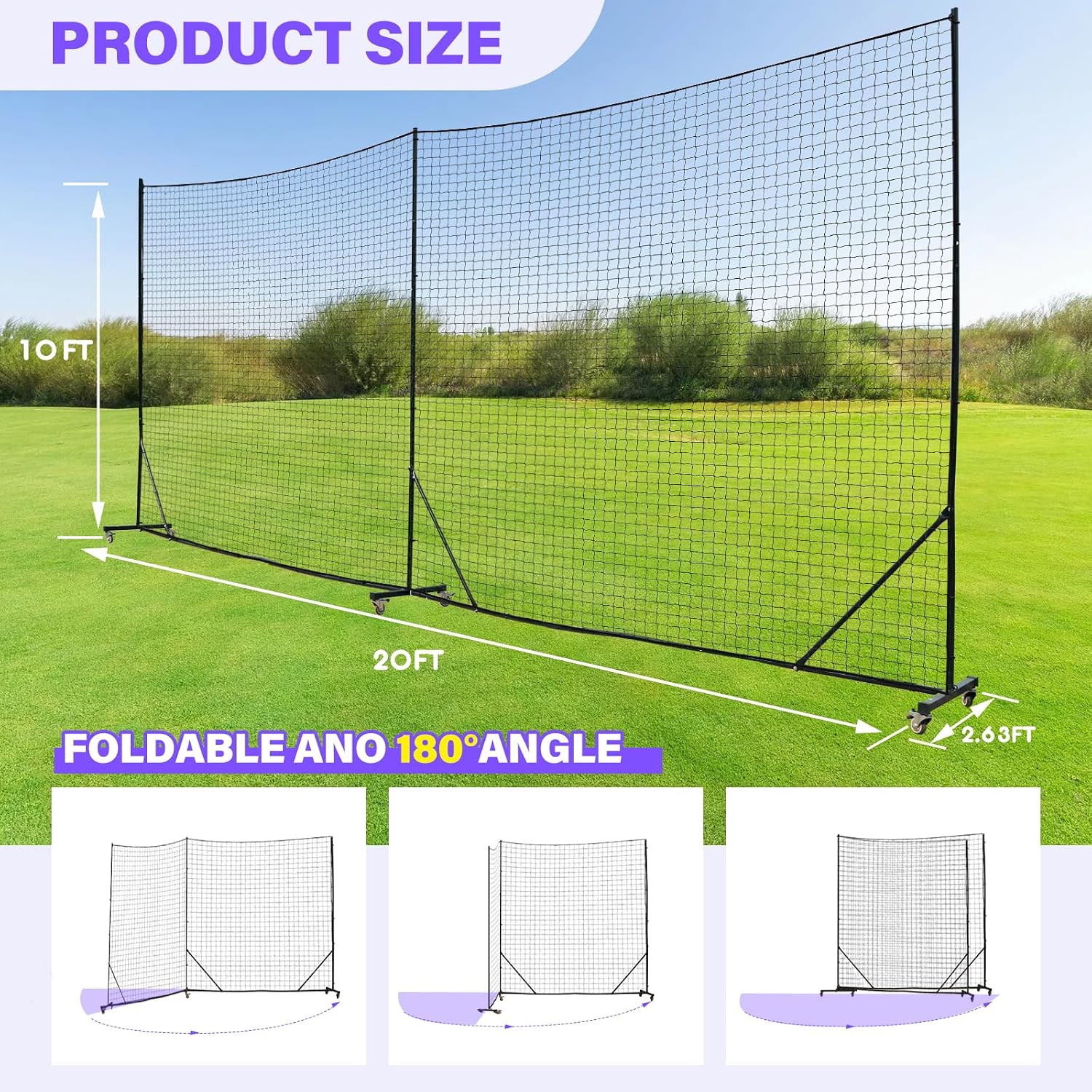 Backstop Net System for Backyard – Heavy Duty Sports Barrier Net with Steel Posts, Movable/Socketed Ball Stop Net for Soccer, Baseball, Training
