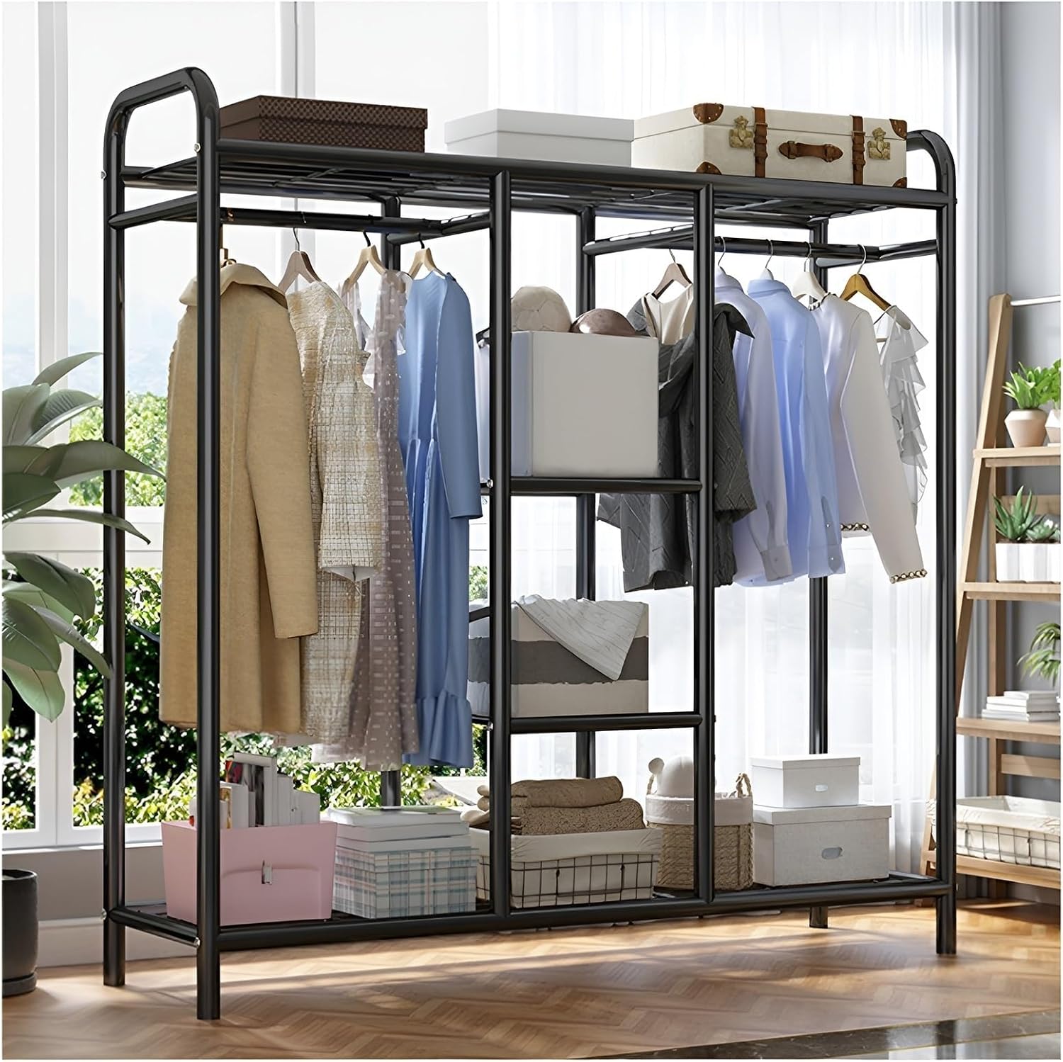 Wardrobe Closet for Hanging Clothes, Large Storage Organizer with Shelf, Freestanding Metal Garment Rack for Bedroom, Cloakroom