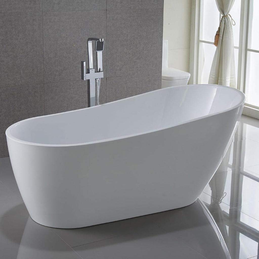 ANZZI Freestanding Oval Tub, 67' Modern Glossy White Acrylic + Fiberglass Stand Alone Soaker Hot Tub, Built-in Overflow & Drain