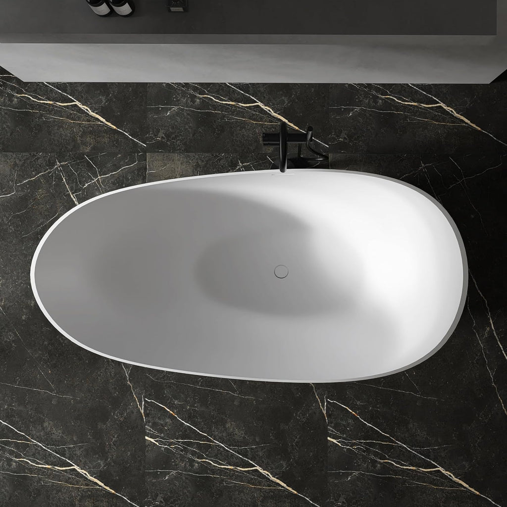 67' Stone Resin Freestanding Tub, Oval Solid Surface Bathroom Freestanding Bathtub, Thin Edge Stand Alone Tub with Integrated Slotted Overflow and Pop-up Drain, White 302-1700