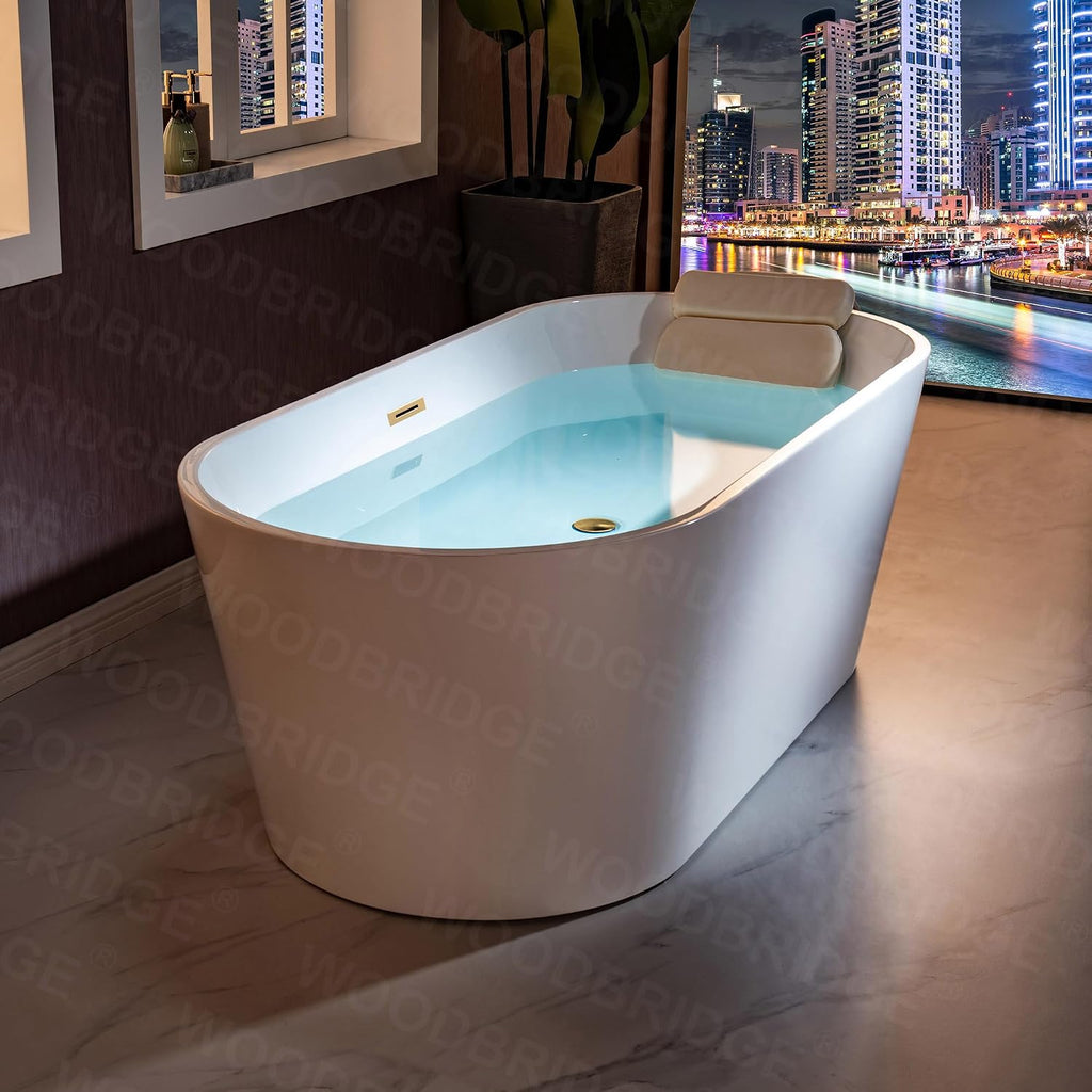 WOODBRIDGE 71' Acrylic Freestanding Bathtub Contemporary Soaking White Tub with Brushed Gold Overflow and Drain,B1701-BG