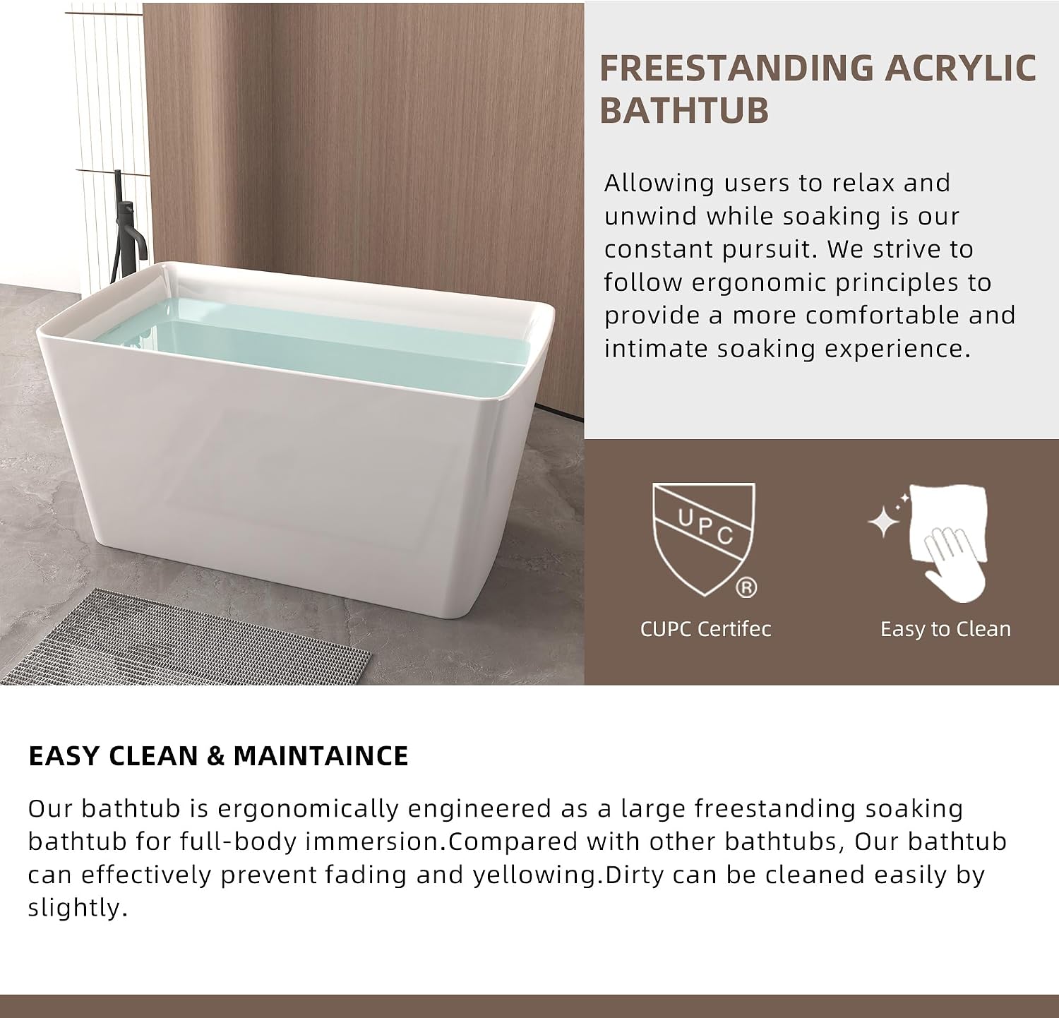 47' Acrylic Freestanding Bathtub, Square Shaped Japanese Soaking Tub with Seat Design, Stand Alone Tubs W/Pop-UP Chrome Drain, Slotted Overflow, cUPC Certified, Glossy White