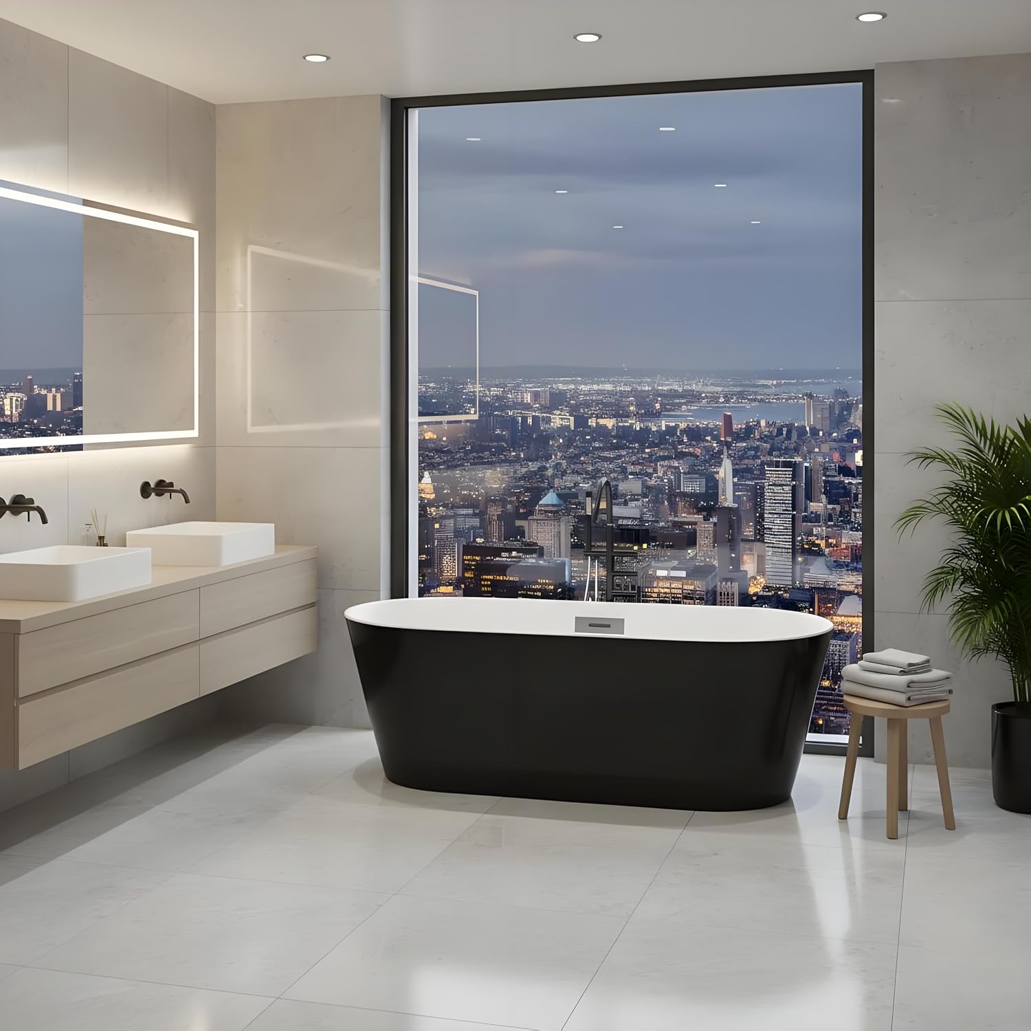 59 inch Acrylic Freestanding Bathtub, Black Exterior White Interior, Deep Soaking Tub for Relaxing & Stress Relief, Chrome Drain, Freestanding Bathtub for Bathroom