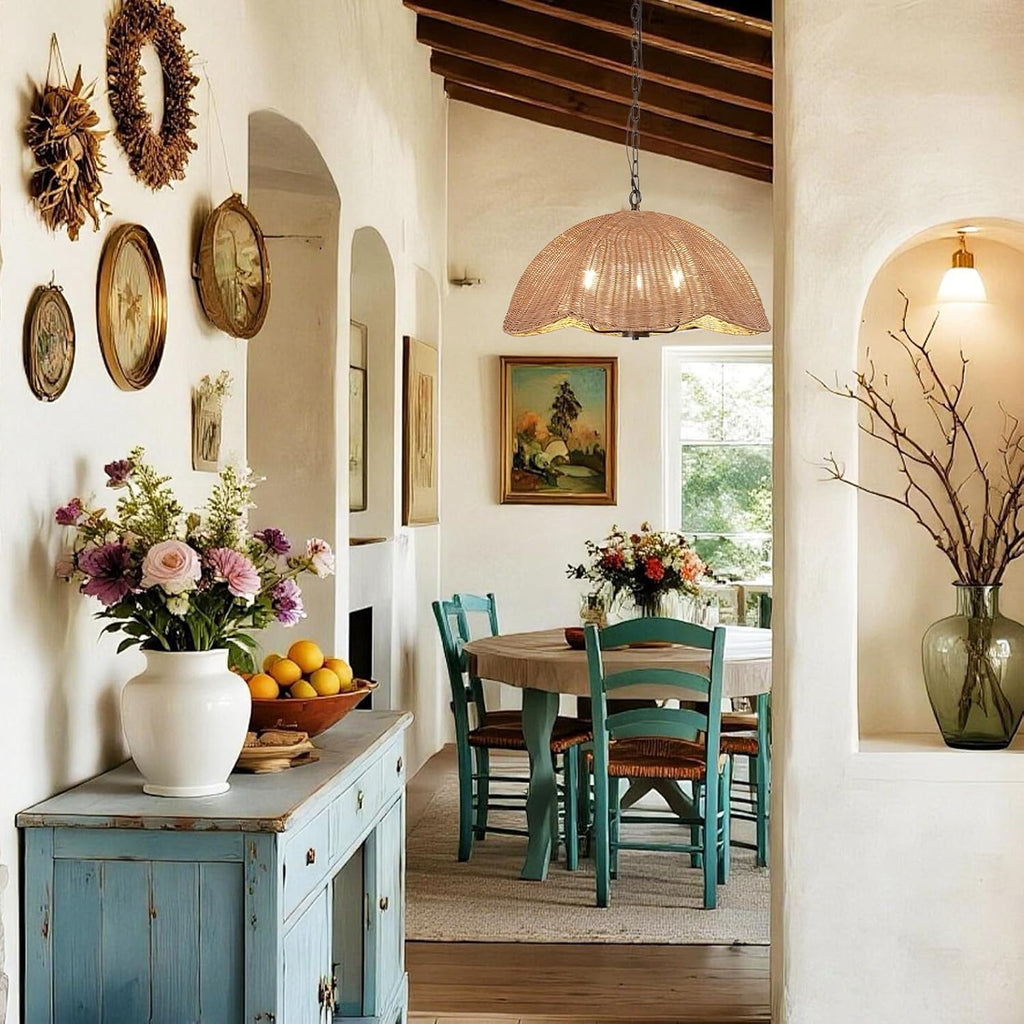 ocioc Rattan Pendant Lighting,23.6' Kitchen Island Hanging Light Fixtures,Large Boho Hand-Woven Chanderlier, E26 Farmhouse Retro Ceiling Chandelier 3-Lights for Dining Room Kitchen Island Living Room