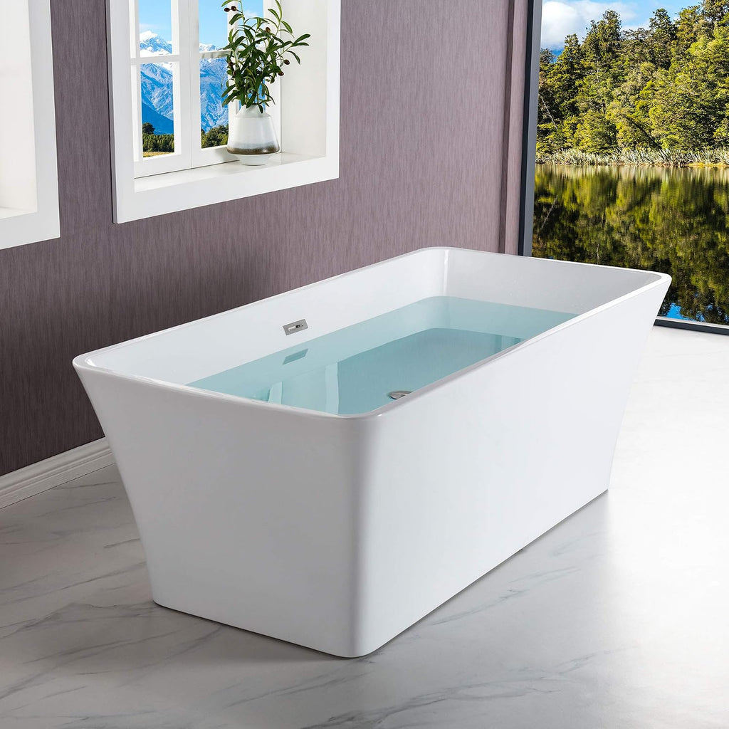WOODBRIDGE 59'Freestanding White Acylic Soaking Bathtub with Chrome Drain and Overflow,BTA1509 -C-Drain &O