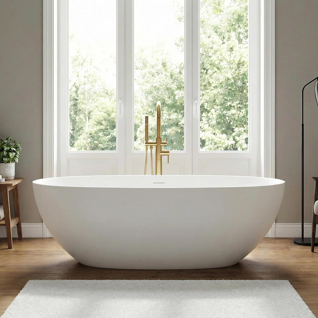 71' Stone Resin Freestanding Bathtub, Solid Surface Free Standing Tub, Soaking Tub with Overflow and Pop-up Drain in White, 2 Person Bathtub