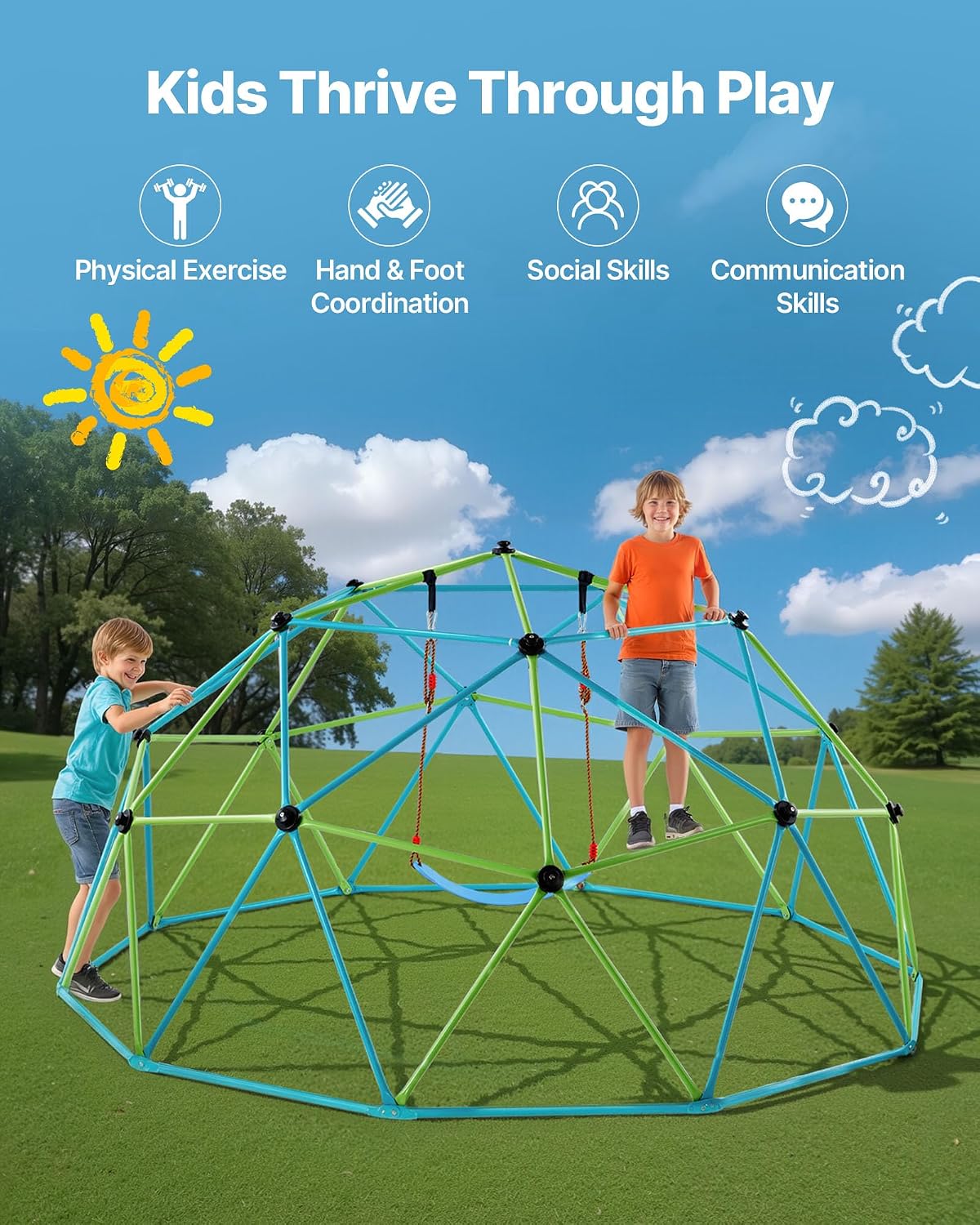 VEVOR Climbing Dome, 10FT Geometric Dome Climber with Swing & Hammock, 1000LBS Loading Kid's Jungle Gym Playground, Easy-Assembly Outdoor Backyard Climbing Equipment for Boys Girls 3 to 10 Years Old
