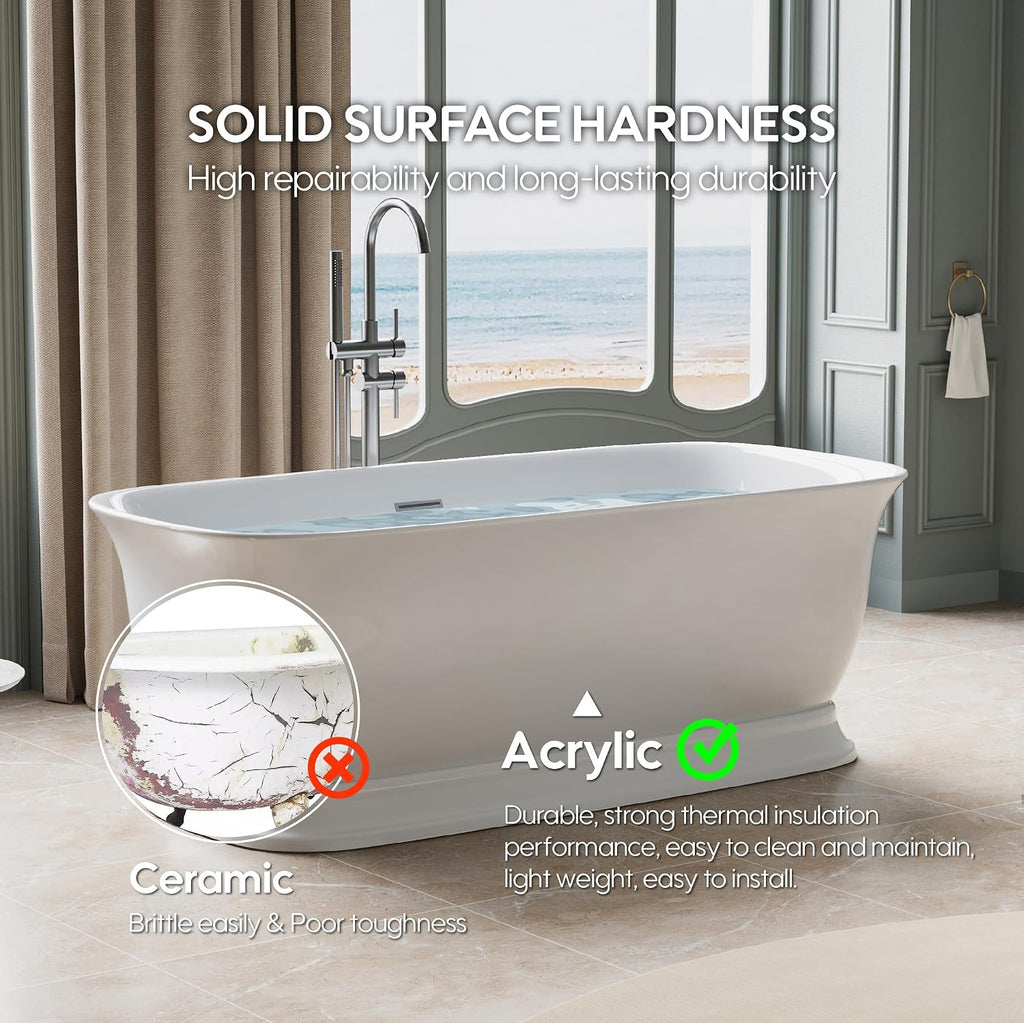 WELLFOR 67'Freestanding Acrylic Bathtub with Drain and Integrated Slotted Overflow, Glossy White 74 Gallons Capacity Soaking Bath Tub with Predrilled Overflow Holes, Soaking Bath Tub Oval Shape