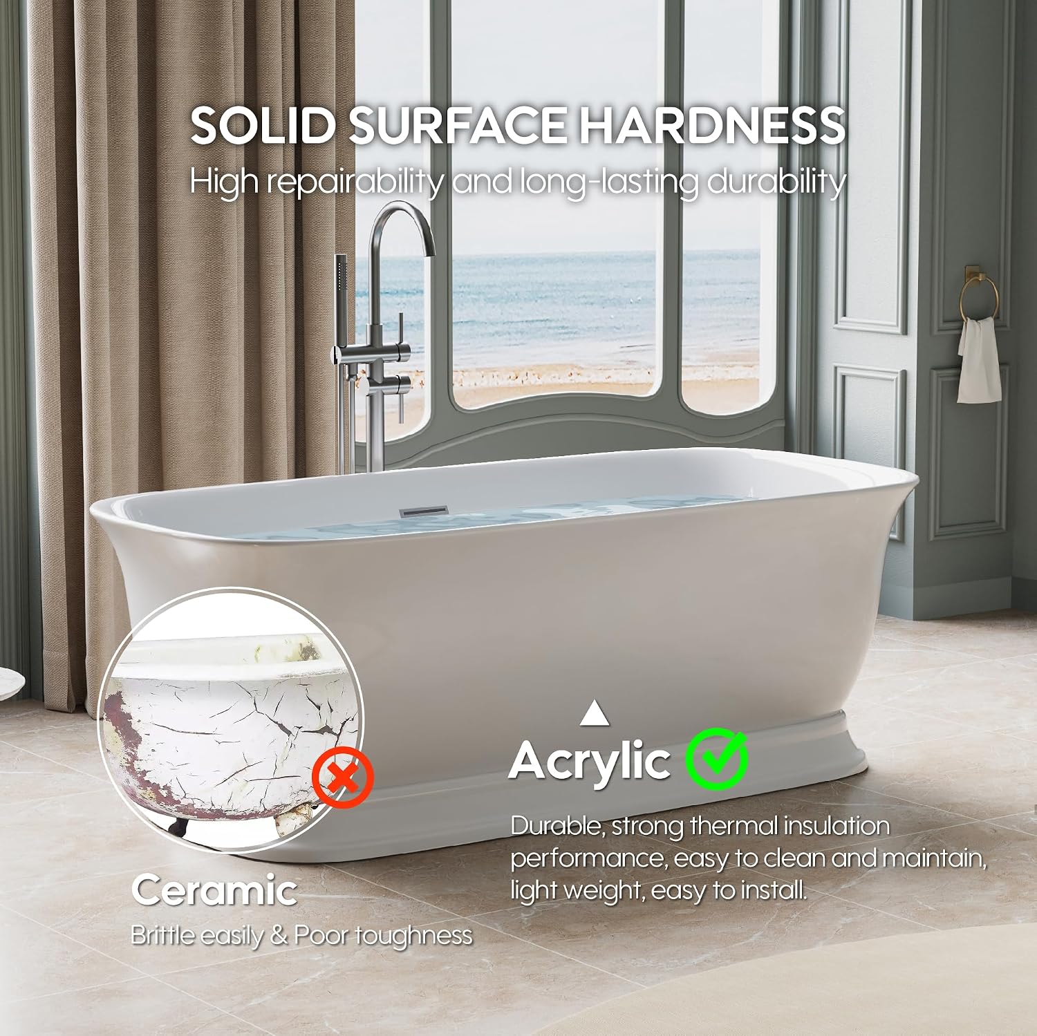WELLFOR 67'Freestanding Acrylic Bathtub with Drain and Integrated Slotted Overflow, Glossy White 74 Gallons Capacity Soaking Bath Tub with Predrilled Overflow Holes, Soaking Bath Tub Oval Shape