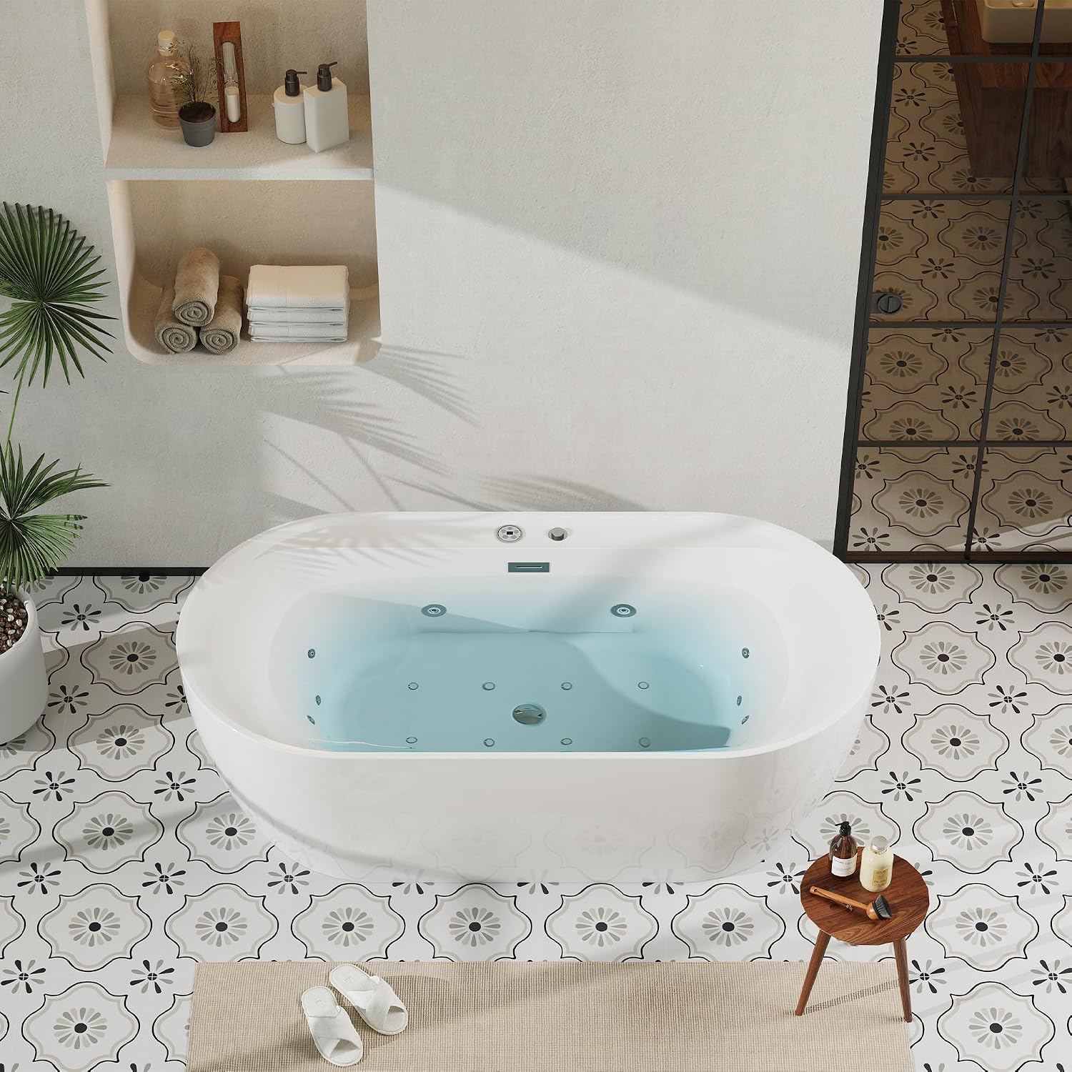 Acrylic Freestanding Bathtub with Jetted & Air Bubble System, Heated Hydrotherapy Tub with Massage Function, Professional Spa Experience at Home