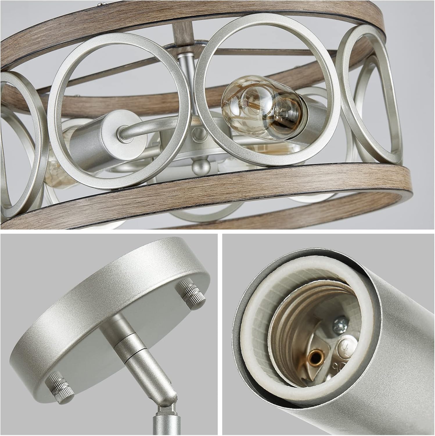 XINGQI 13' Modern 3-Light Brushed Nickel Rustic Semi Flush Mount Ceiling Light Fixture Wood Grain Metal Round Lamp for Kitchen Dining Room Bedroom Entryway