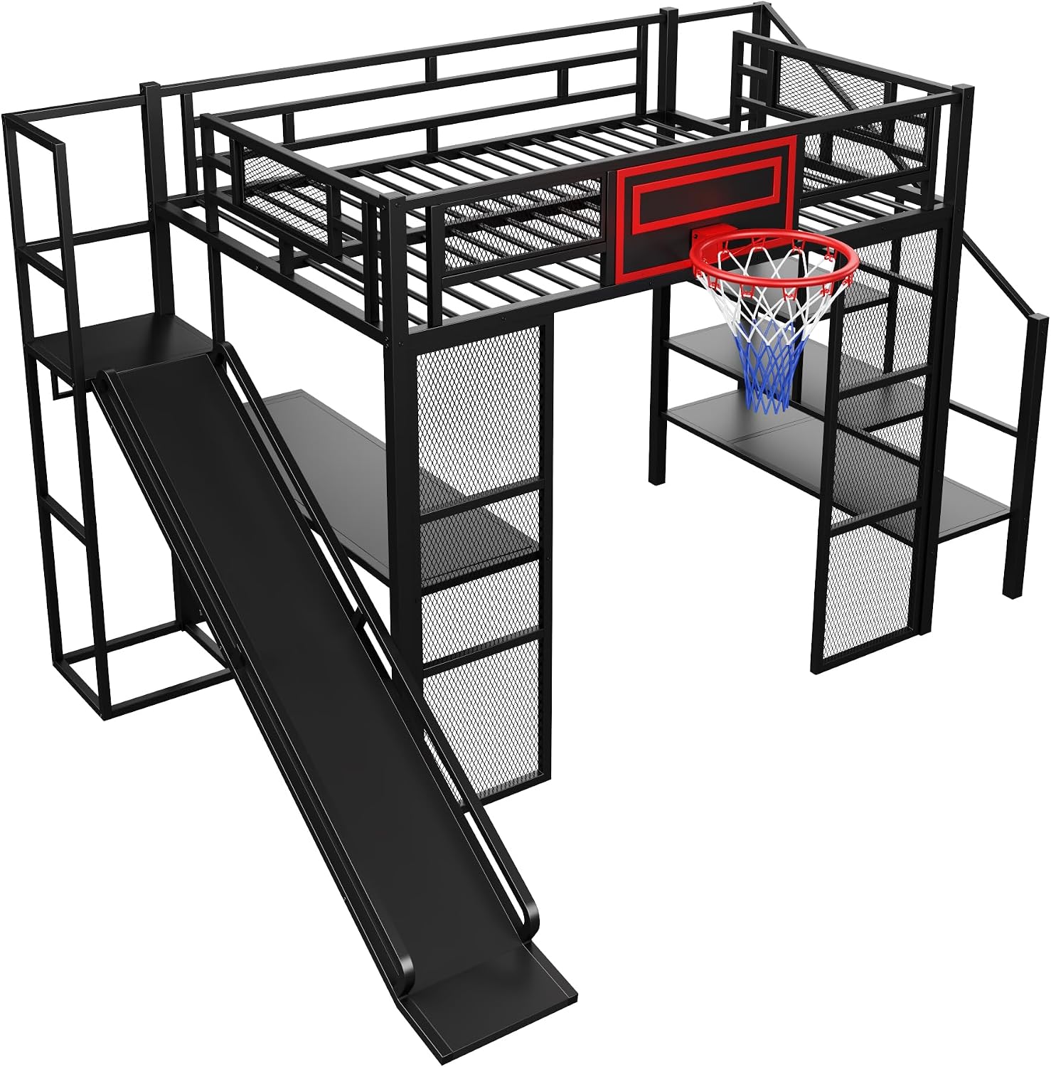 Merax Full Size Metal Loft Bed with Slide and Stairs, Loft Bed Frame with Built-in Desk, Open Wardrobe, Basketball Hoop, Space-Saving Loft Bed Frame with Storage Staircase for Kids Teens Boys, Black