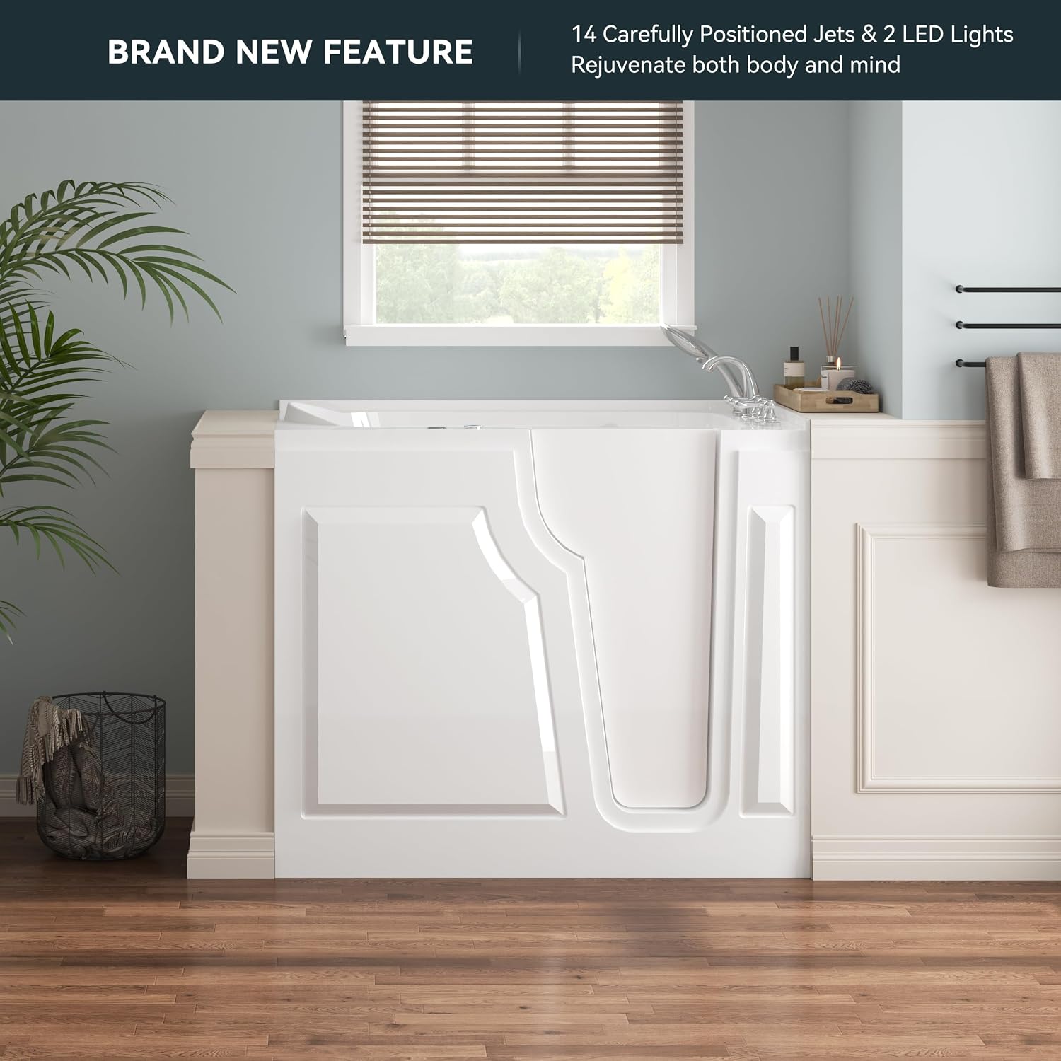 FerdY Floridian 52'x30' Walk-in Whirlpool Bathtub with 14 Air Water SPA Jets and Right-Side Door Opening and Quick Fill and Drain System, Rectangular Soaking Bathtub in White