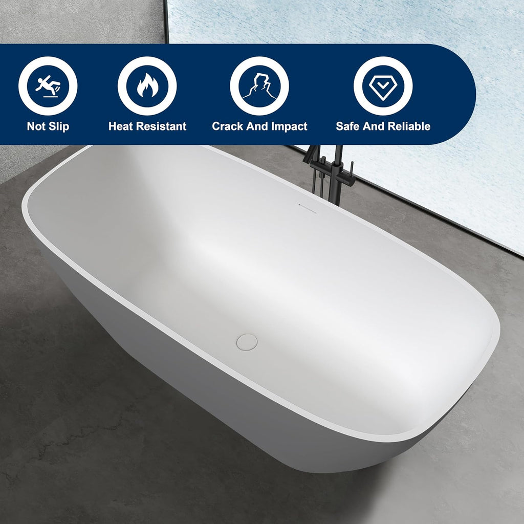 67'' Solid Surface Freestanding Bathtub, Stone Resin Free Standing Tub, Soaking Tub with Overflow and Pop-up Drain, 2 Person Bathtub, White